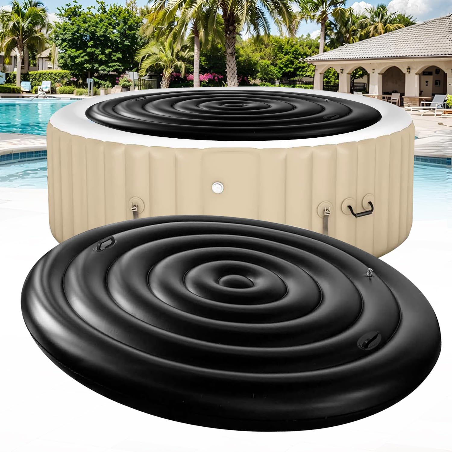 KEAGAN 5.4FT/165CM Inflatable Hot Tub Cover, Energy Saving Lid for Round Hot Tub, Outdoor Inflatable Hot Tub, with Handle, Foldable Protective Rain Overflow Cover for Inflatable Outdoor Hot Tubs
