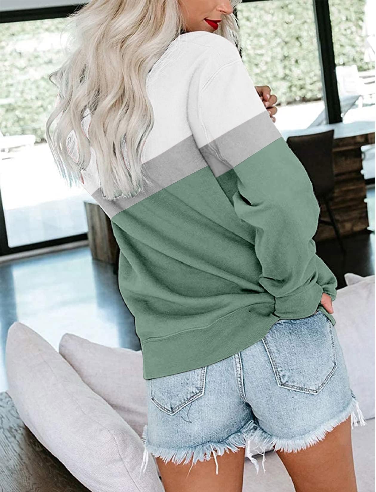 Cuptacc Sweat Femme sans Capuche Farbblock T-Shirts à Manches Longues Femme Col Rond Automne Poches Top Femme