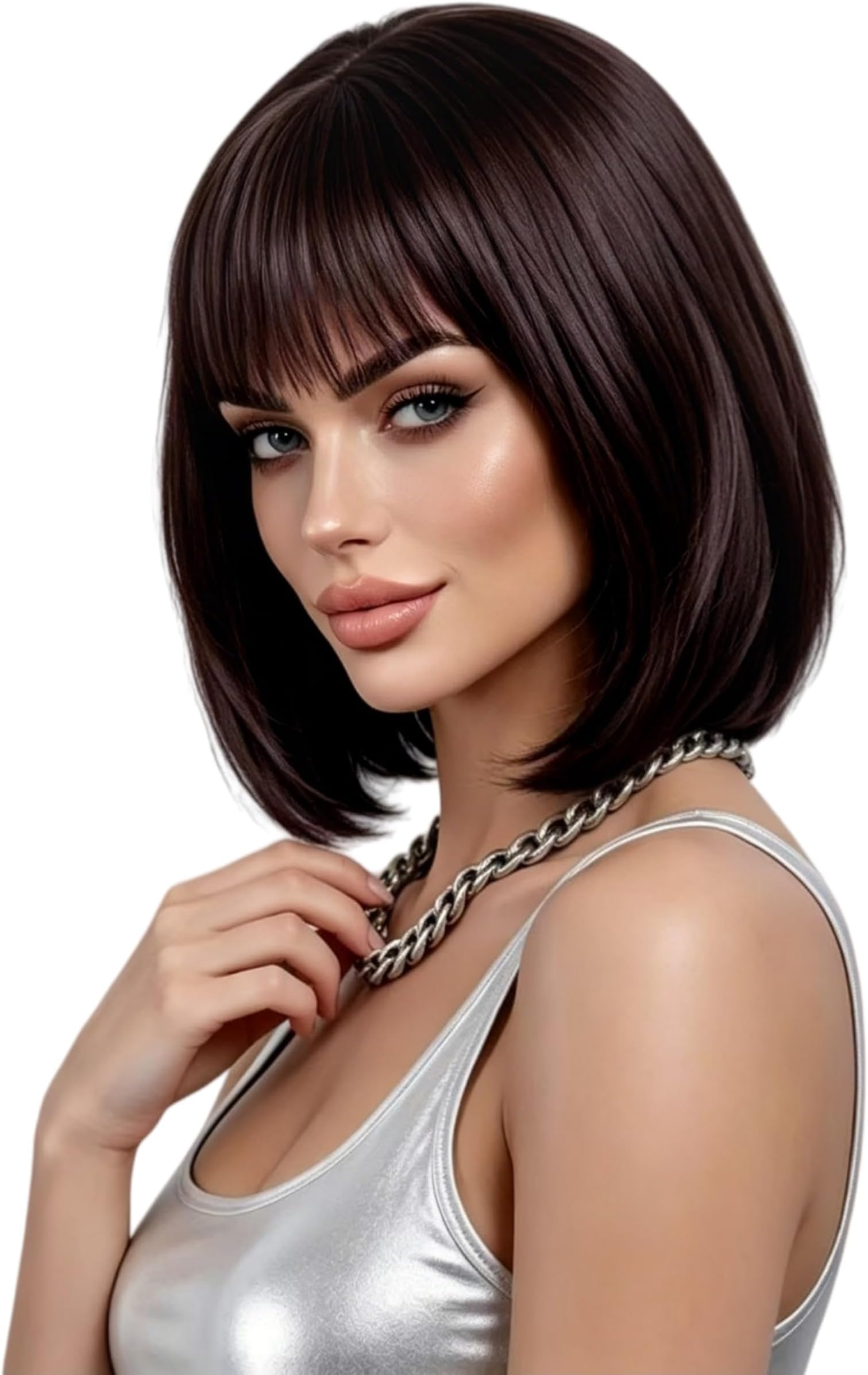 Rugelyss Brown Short Straight Bob Wig with Bangs 12 Inches Brunette Synthetic Hair Wigs for Women and Girls with Wig Cap