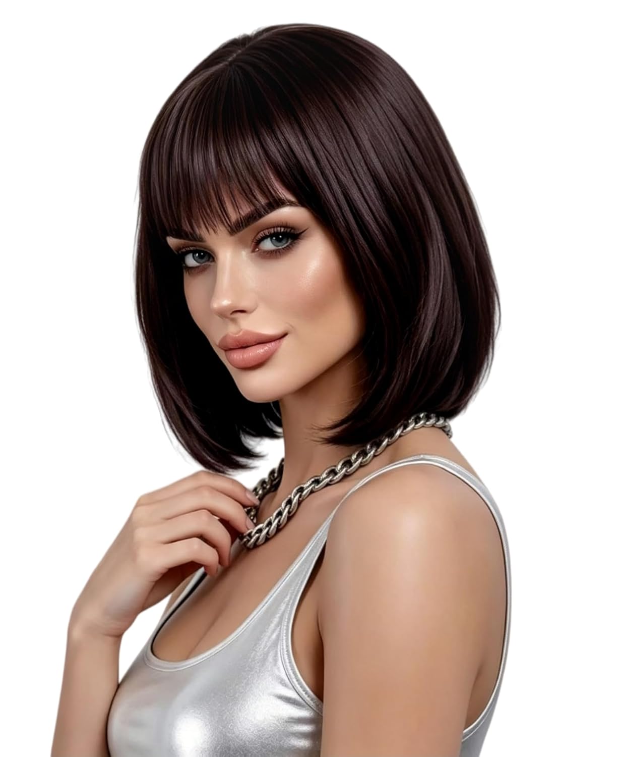 Rugelyss Brown Short Straight Bob Wig with Bangs 12 Inches Brunette Synthetic Hair Wigs for Women and Girls with Wig Cap