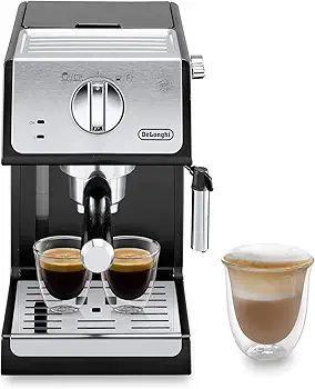 Cafetera de Bomba Tradicional para Espresso y Cappuccino, para Café Molido y Monodosis, 2 Tazas Simultáneamente, Depósito de Agua de 1.1l, 1100 W, ECP 33.21, Negro y Plata