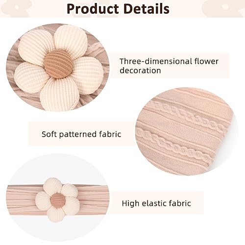 Miniatura 6 de 3 diademas de flores para bebés y niñas, diademas de nailon suaves, accesorios para el cabello para recién nacidos, niños pequeños (blanco, negro y