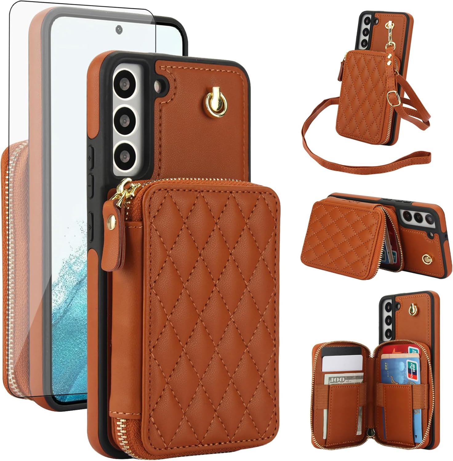 Phone Case for Samsung Galaxy S21 5G 6.2 inch Wallet Cell Cover with Tempered Glass Screen Protector Wrist Crossbody Strap Lanyard Stand RFID Blocking Credit Card Holder S 21 21S G5 Women Girls Brown