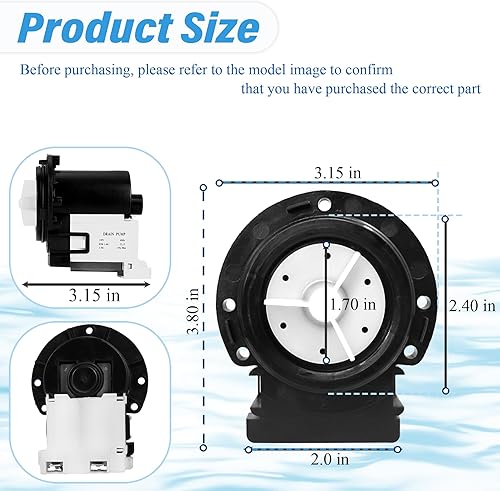 Vista 8 de Motor de bomba de drenaje de lavadora 4681EA2001T compatible con lavadoras Kenmore y LG. Sustituye a los números de pieza AP5328388, 4681EA1007G