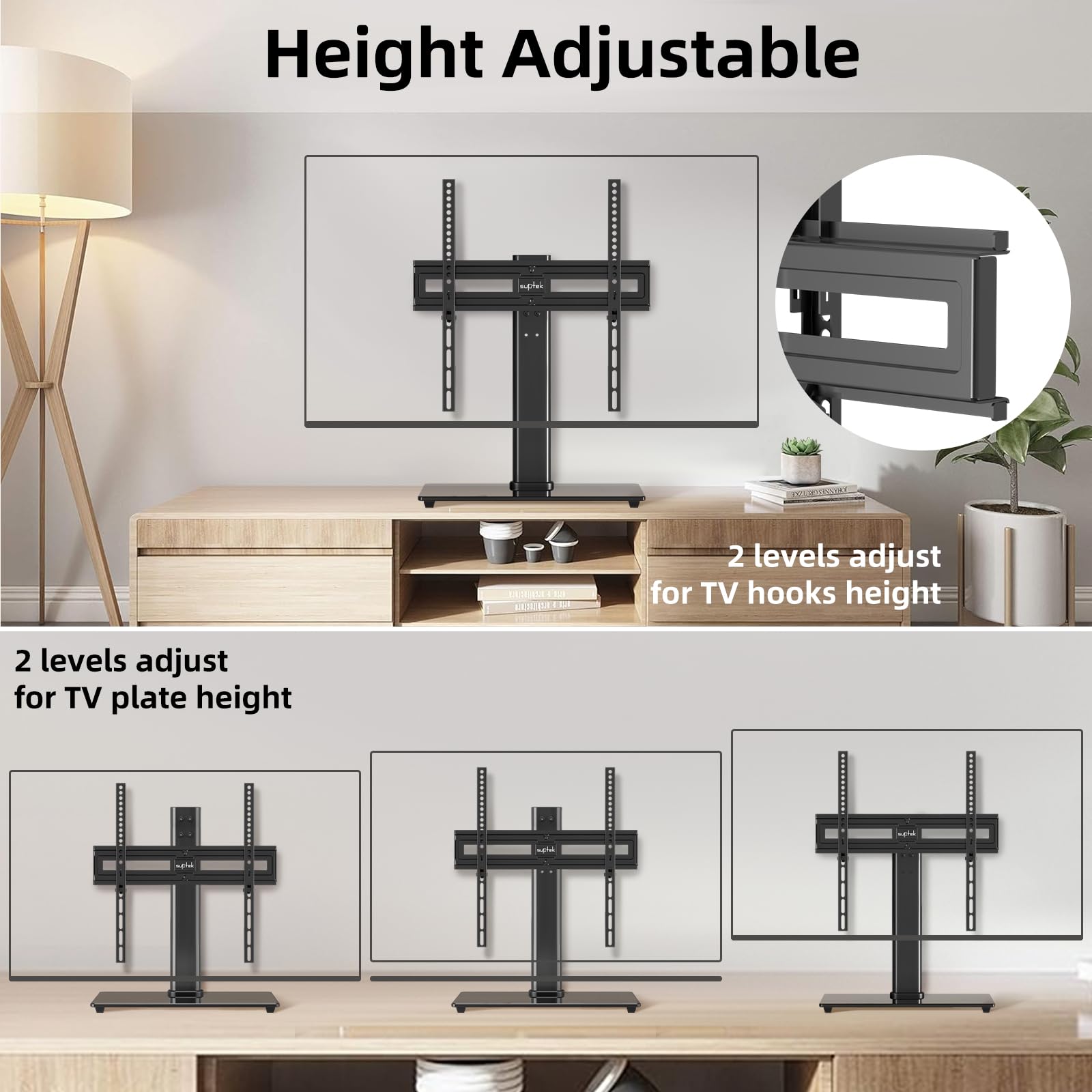 suptek Supporto TV universale girevole, supporto TV da tavolo per schermi piatti curvi da 26-55" fino a 45 kg, supporto base TV in vetro temperato regolabile in altezza, VESA max. 400x400 mm, TS202