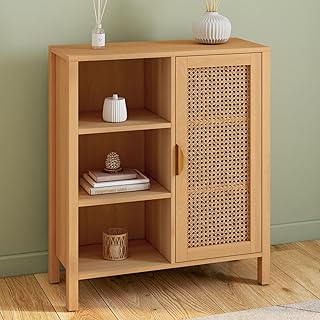 IDMarket - Buffet d'appoint 3 étagères et Placard 70 cm EDHEN Bois et cannage