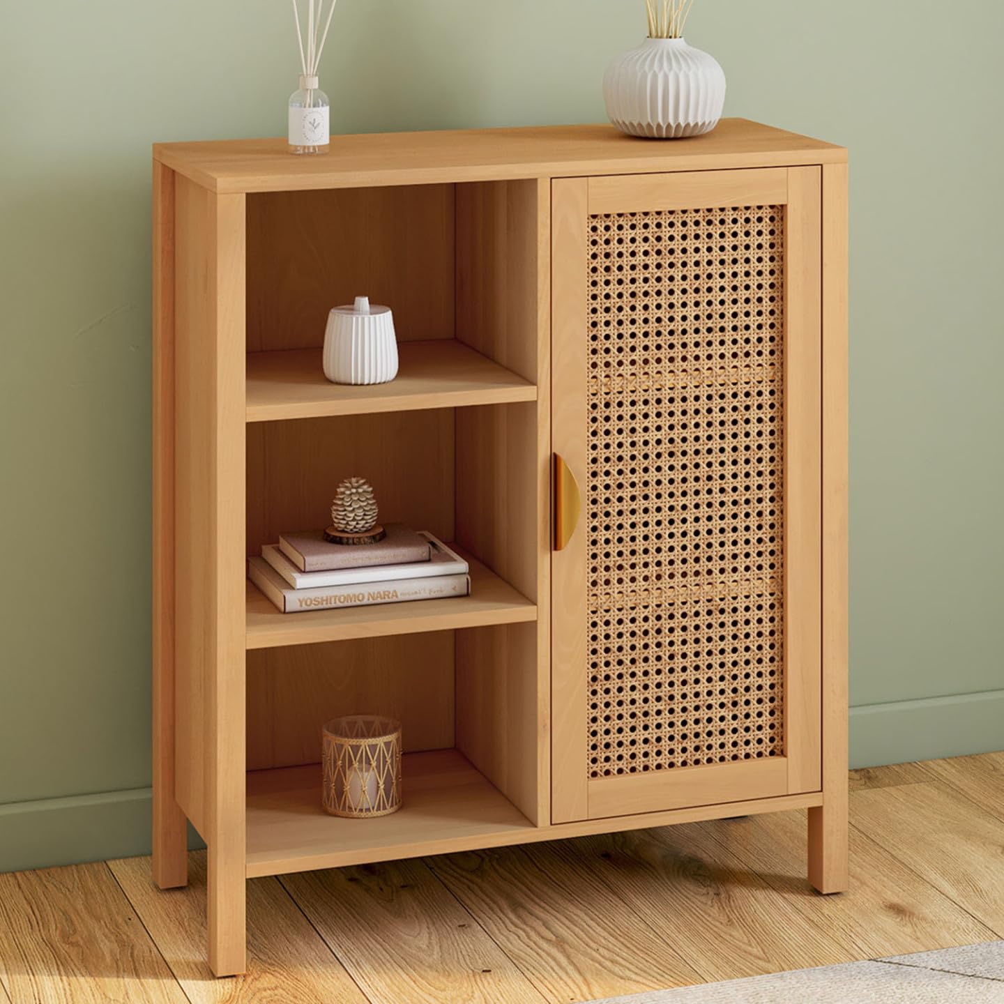 IDMarket - Buffet d'appoint 3 étagères et Placard 70 cm EDHEN Bois et cannage