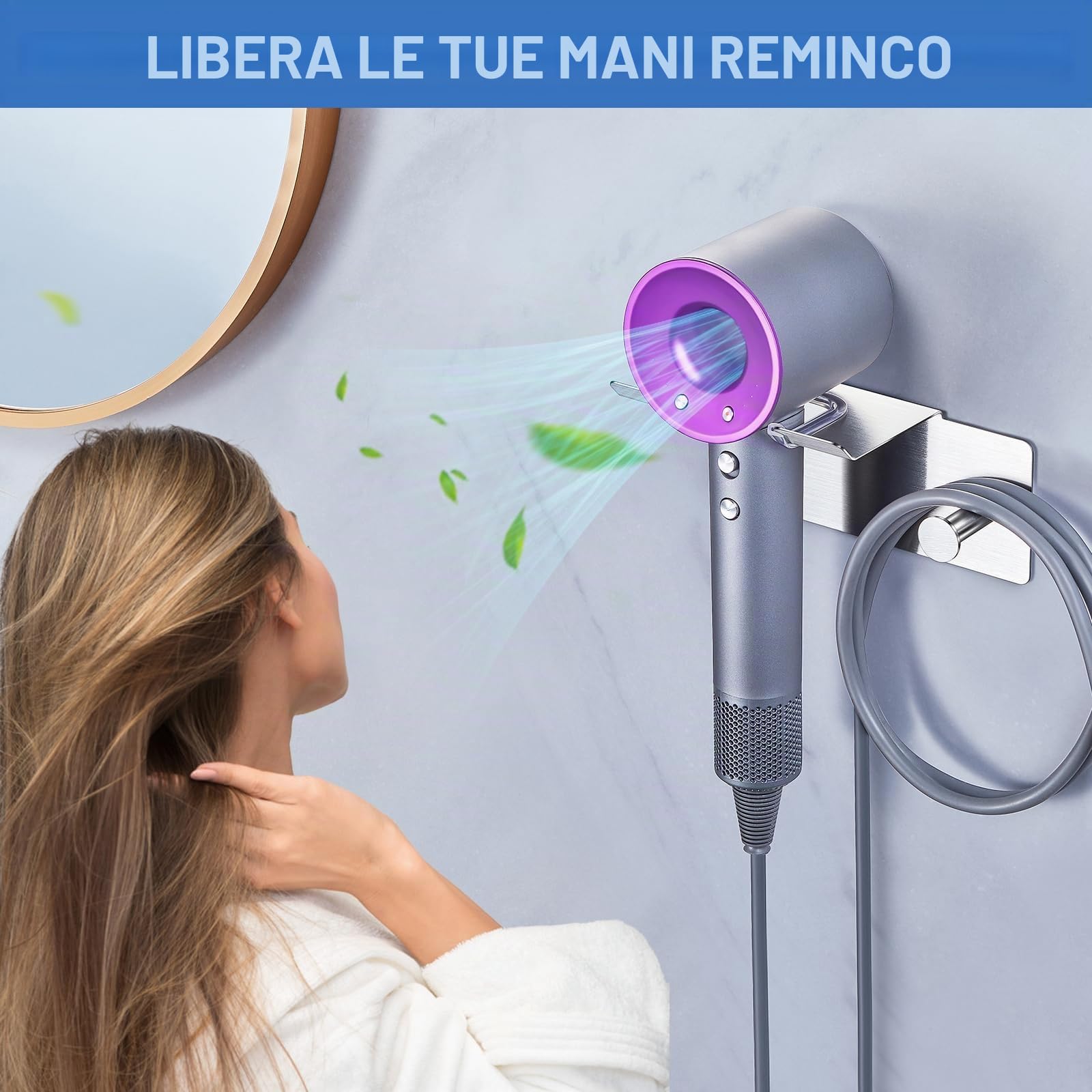 Porta Asciugacapelli da Parete, Porta Phon da Muro Supporto Phon da Parete Metallo,Supporto Adesivo per Asciugacapelli da Appendere per Armadietto Bagno Camera da Letto Barbieri (Argento)