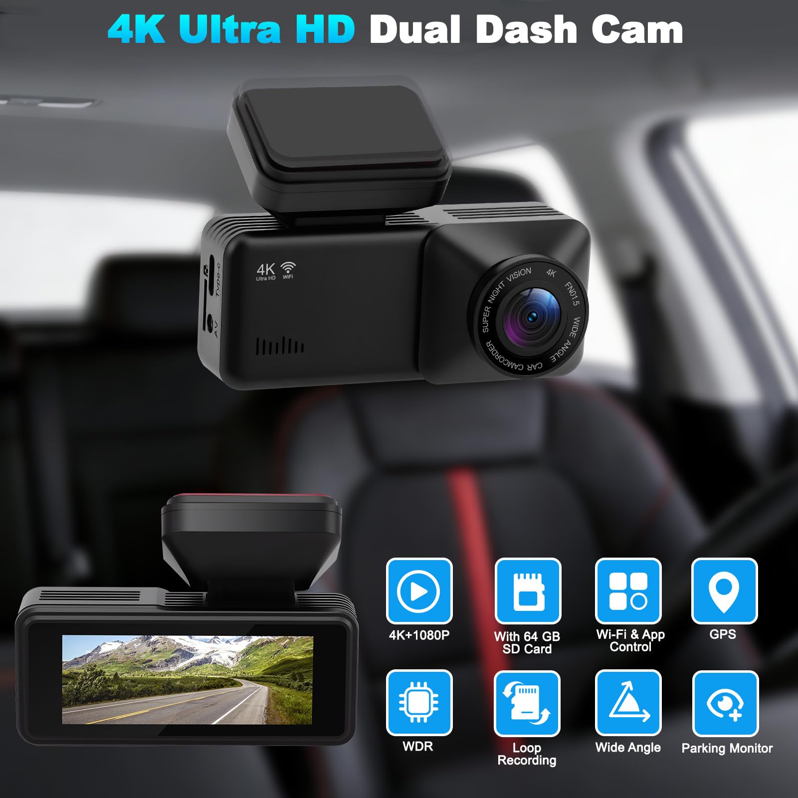 Dashcam Voiture 4K Avant Arrière 1080P, Caméra Embarquée Double Objectif | 170° Grand Angle, Vision Nocturne, Mode Parking G-Sensor, Carte SD 64Go, Installation Facile