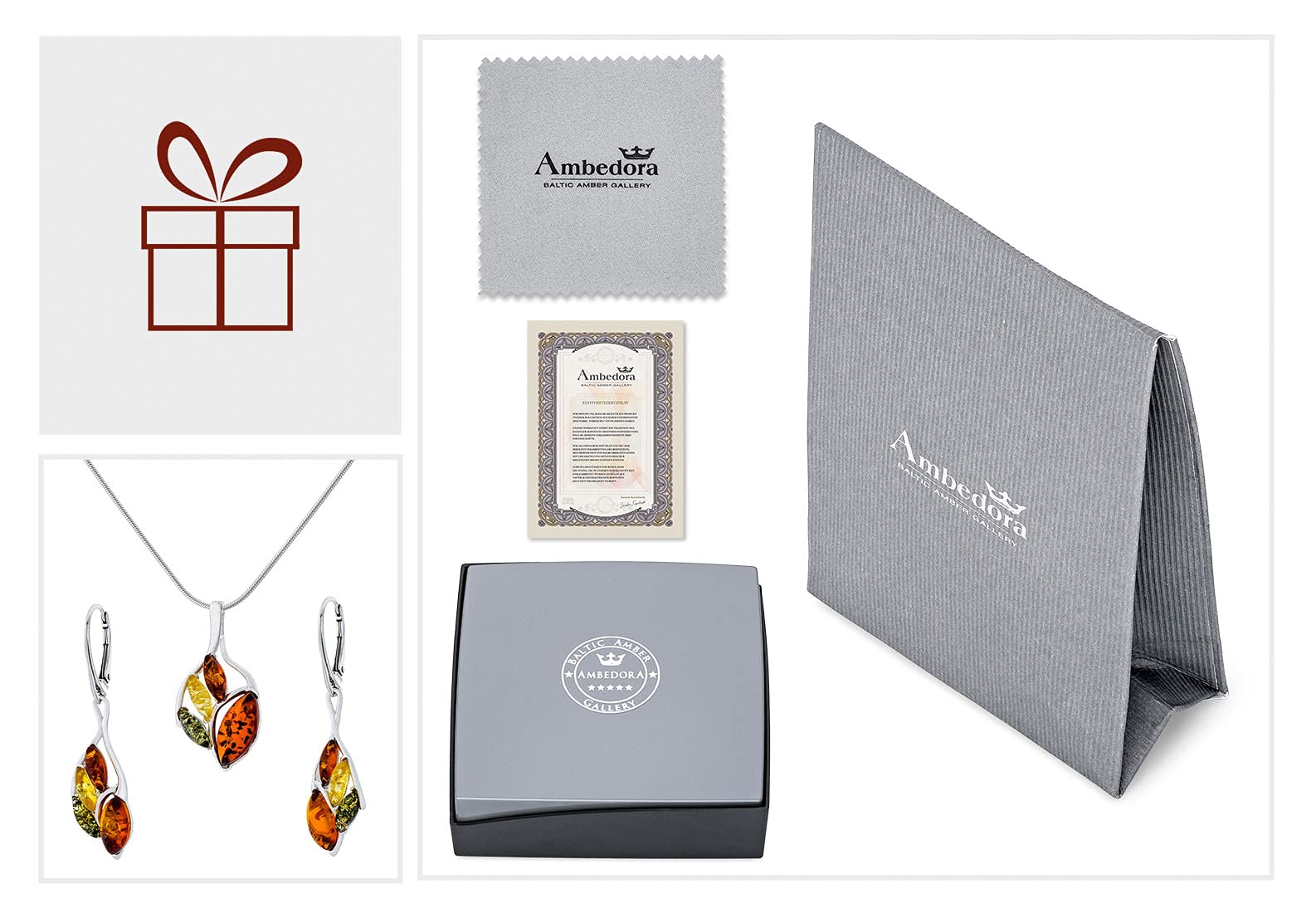 Set Sabine da donna in argento 925 lucido, ambra baltica colorata, pendente e orecchini con catena a serpente, set regalo