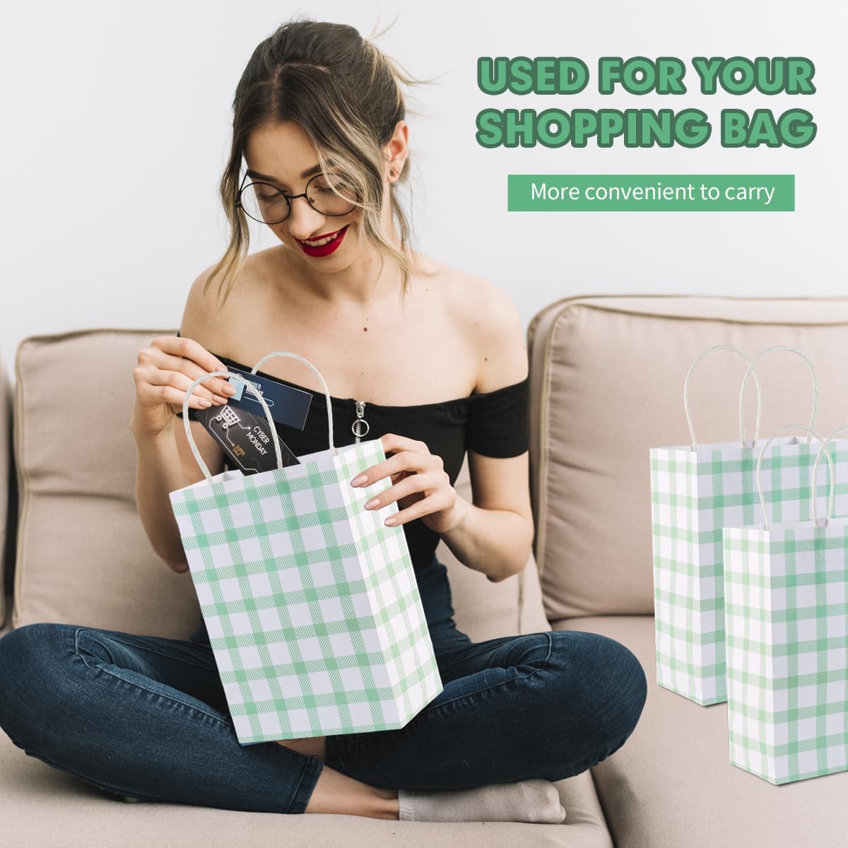 BHHQHH 24 Pcs Sage Green Gingham Party Supplies Gift Bags Green Checkered Kraft Paper Goodie Bags for Party Favors Birthday Wedding - Image 4
