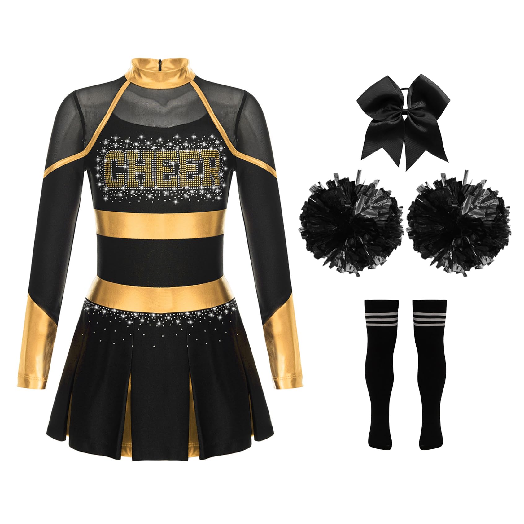 4Pcs Mädchen Cheer Leader Kostüm Langarm Cheerleading Kleid mit Pompoms Socken Haarband Glitzer Tanzkleid Halloween Karneval Fasching Kostüm