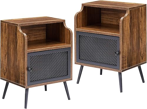 Miniatura 10 de VECELO Juego de 1 mesita de noche moderna, mesa auxiliar con armario de almacenamiento, mesita de noche industrial con estante de cajón abierto para