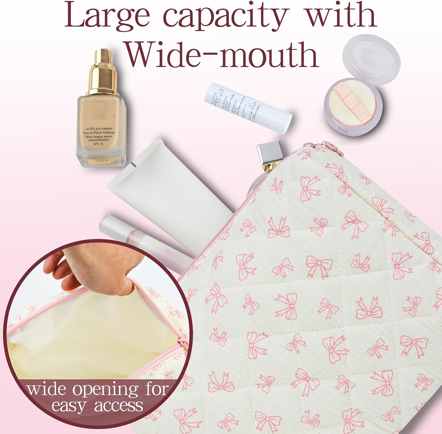 3Pcs Quilted Makeup Bag, Cute Floral Cotton Cosmetic Bag set, Coquette Bow Makeup Pouch Large Travel Toiletry Bag