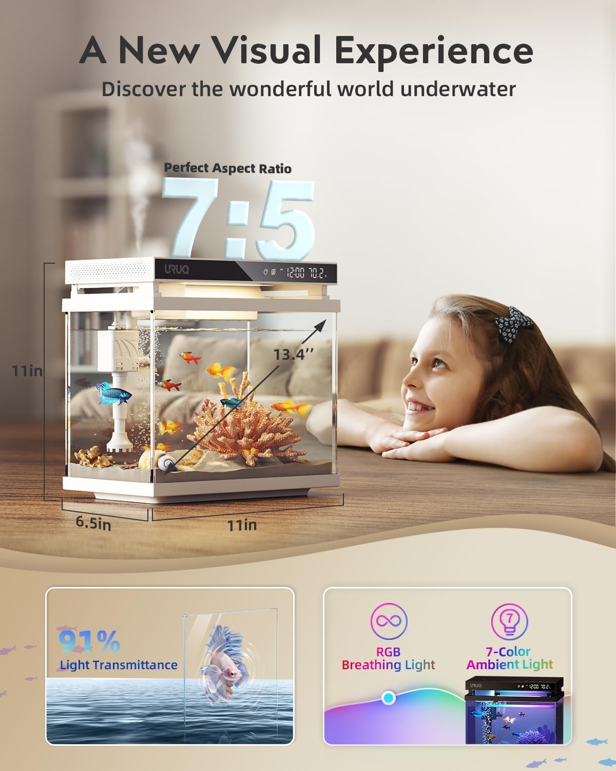 Kit de acuario inteligente para pecera: bomba de agua silenciosa de vidrio UHD de 2 galones, sistema de autolimpieza, control de temperatura, difusor de aceite esencial con humidificador, 7 luces de