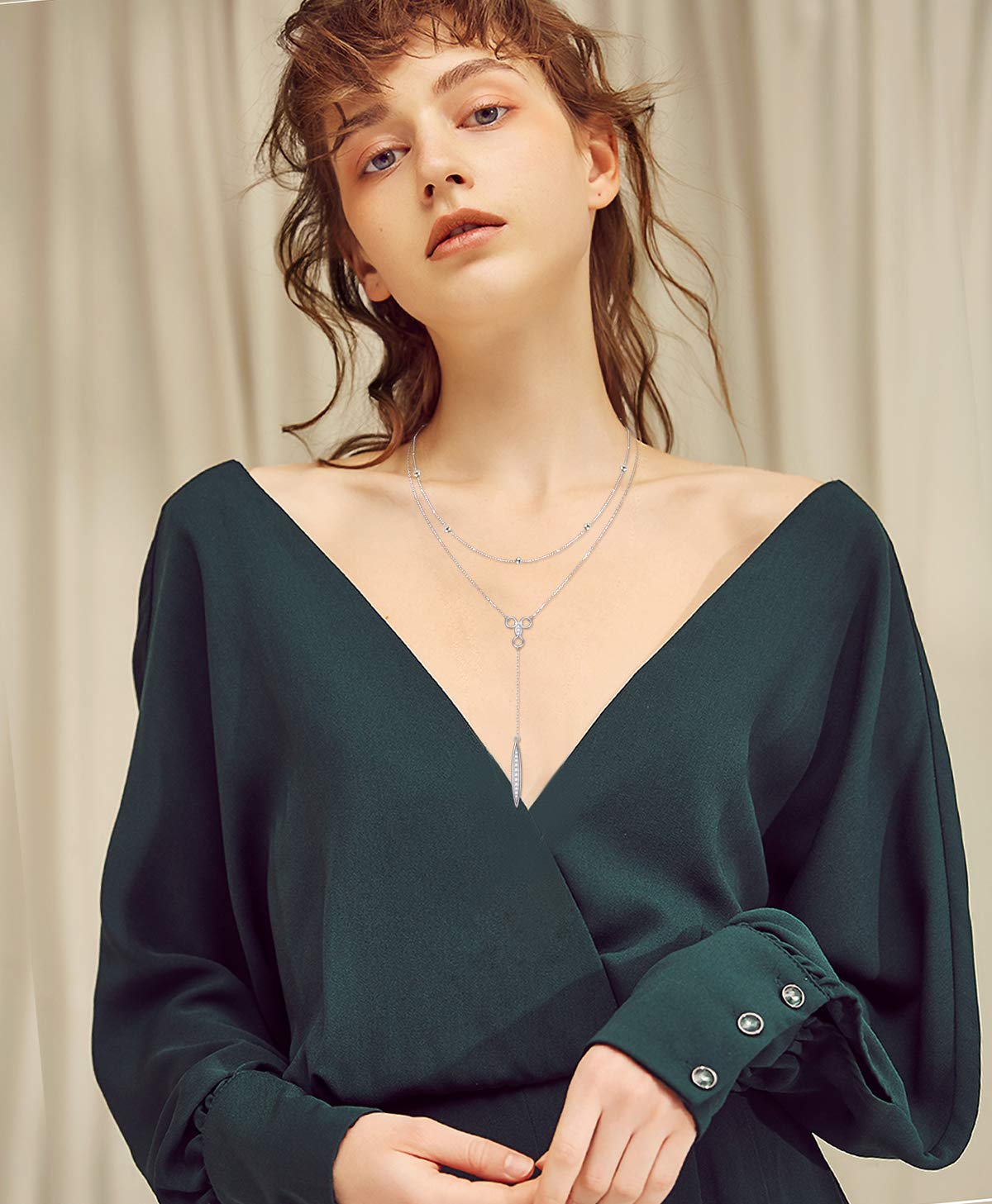 Flyow Collana da donna multistrato in argento Sterling S925, con perle, con zirconi marchese, Y Lariat, collana a catena lunga, regalo per donne e ragazze