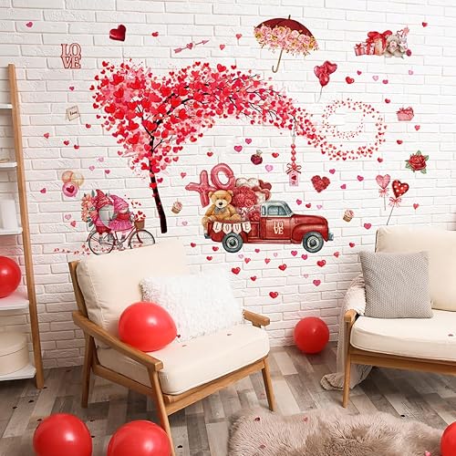 Miniatura 3 de 2 hojas de calcomanías de pared para el día de San Valentín, árbol de corazón, árbol rojo, camión, día de San Valentín, calcomanías de pared