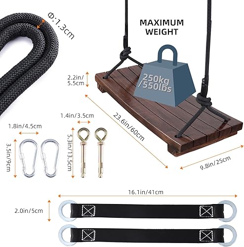 Miniatura 4 de PELLOR Asiento de columpio de madera, columpio de madera carbonizada colgante de 23.6 x 9.8 x 1.0 pulgadas para adultos, niños y niños,