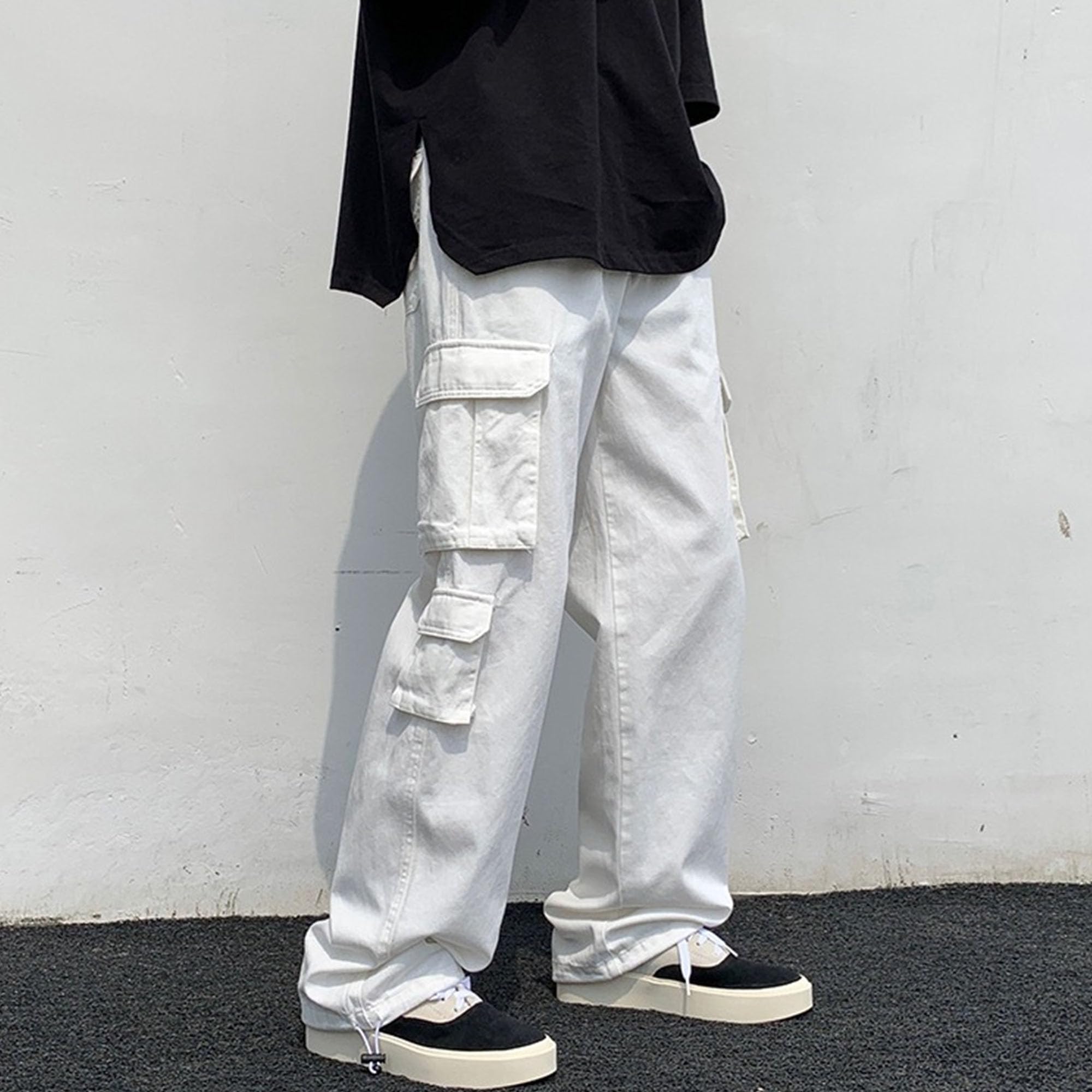 Maiyifu-GJ Men's Jogger Sweatpants Open Bottom Warm Fleece Lined Cargo Pants Relaxed Fit Tapered Work Pants with Pockets (White4,X-Large)