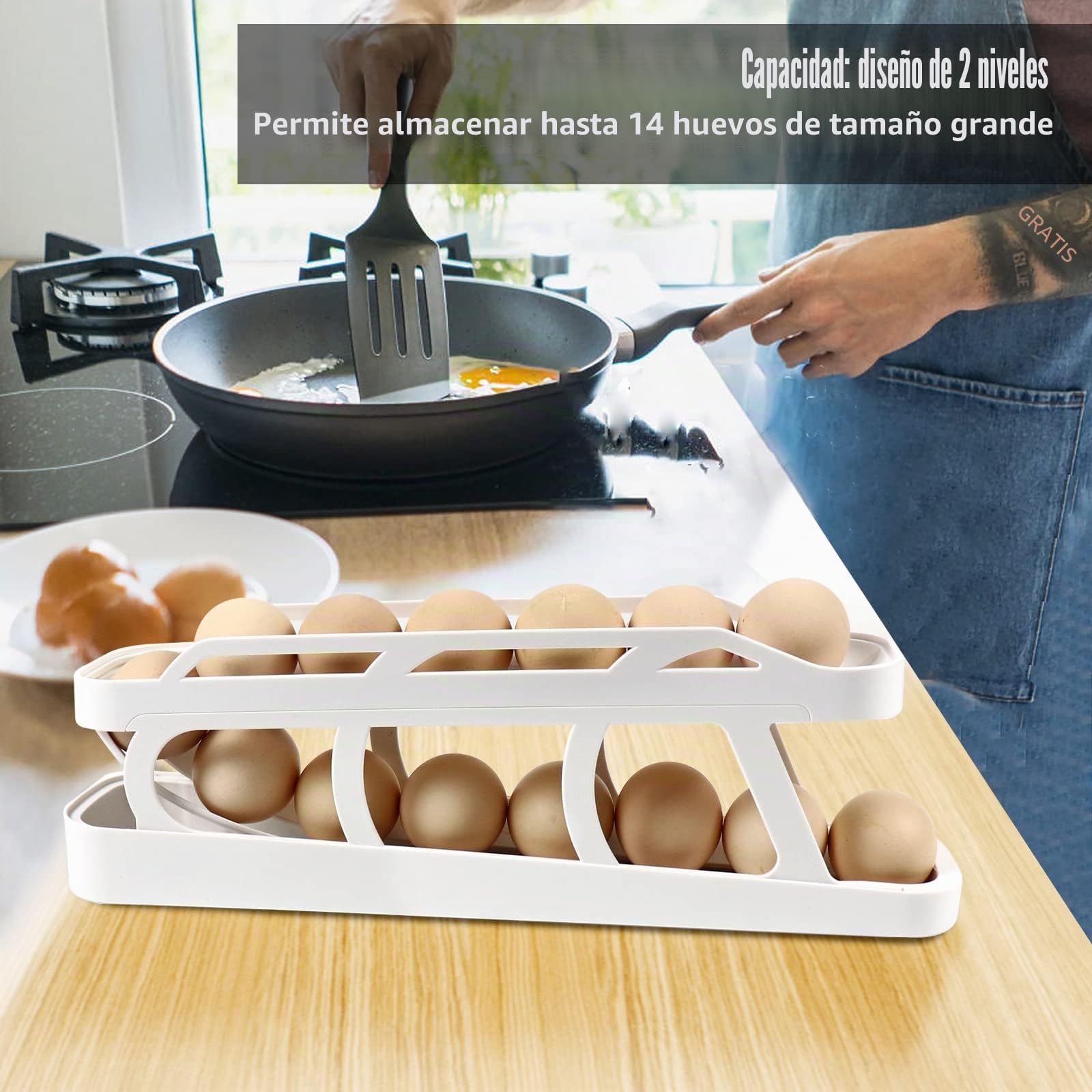 Almacenamiento de huevos para el frigorífico, soporte para huevos de doble fila con función de rodillo automático, para 12-24 huevos, (Blanco, Anchura1)