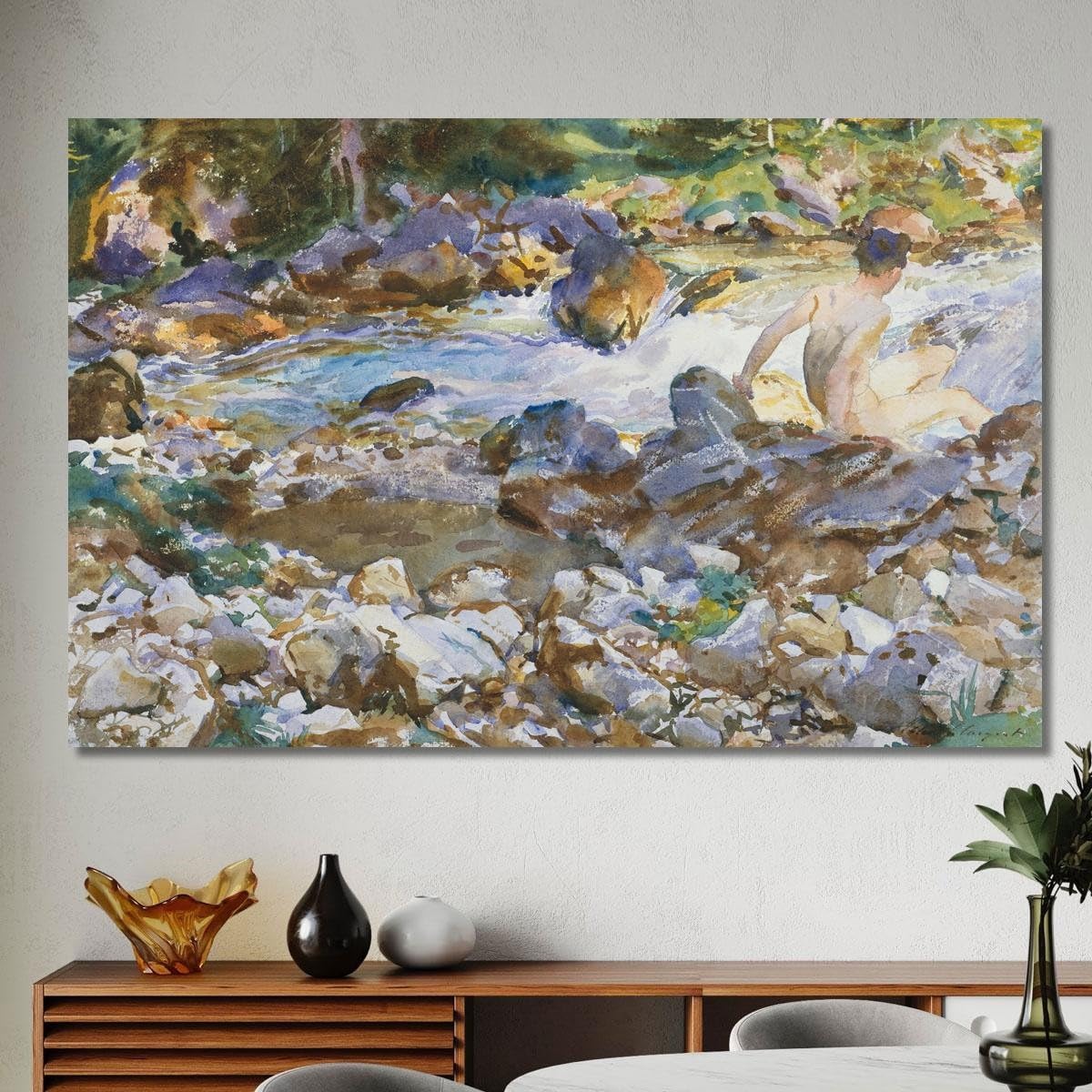 CheQuadro! Ruscello di Montagna John Singer Sargent, jss174 Quadro Stampato su Tela, 100x60 cm