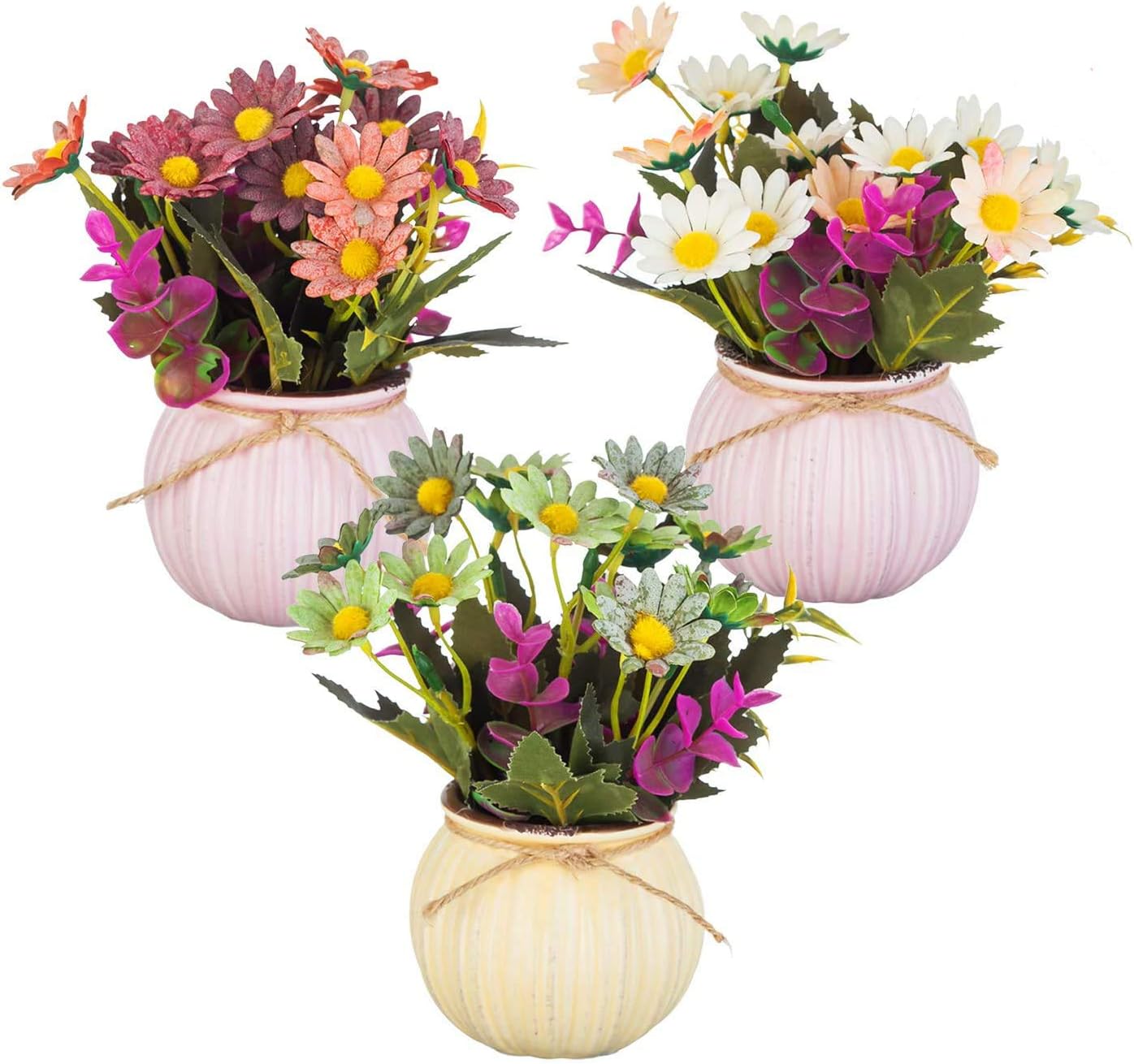 8 inch Mixed Artificial Flowers - Daisies and Wildflower in Color Pots - Dwarf Bushes Fake Plants (Set of 3)