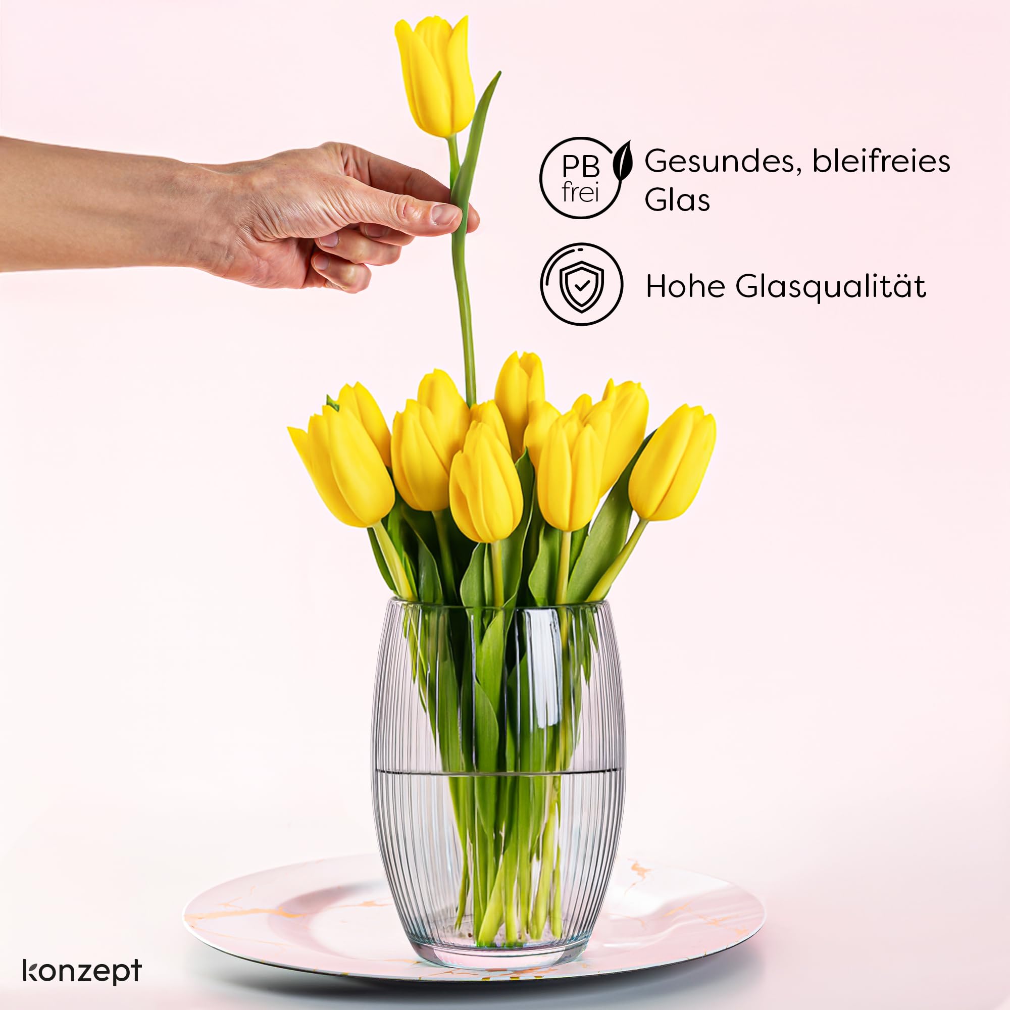 KONZEPT Glasvase 20 cm – geriffelte Struktur, dickwandig & elegant, für Blumen & Deko, europäische Qualität