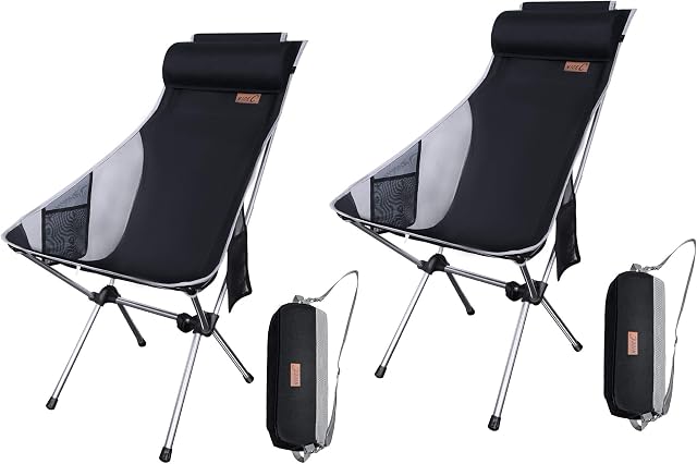 Nice C Camping Chair, Backpacking Chair, Travel Chair, Folding Chair High Back, Compact & Heavy Duty Outdoor, Travel, Picnic, Festival with 2 Side Pockets, Pillow &Carry Bag (Set of 2 Dark)