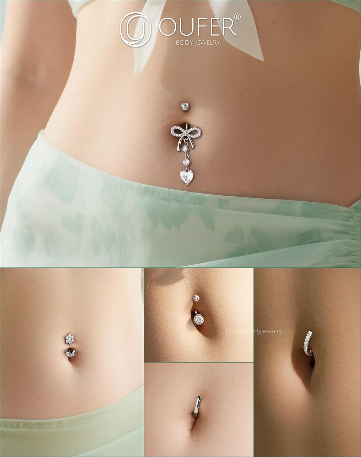 OUFER 5PCS Belly Button Rings, Cute Bow Flower Heart Dangle Navel Belly Piercing Jewelry, Clicker Navel Rings for Women Men, 14G Surgical Steel Dainty Dangly Dangling Body Piercing Jewelry - Image 4