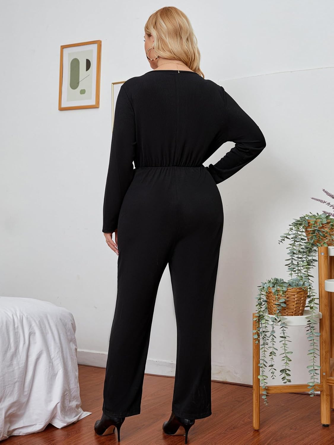 Black Jumpsuit for Women Business Casual Outfits, V Neck Long Sleeve High-Waist Wide-leg Pants Plus Size - Image 4