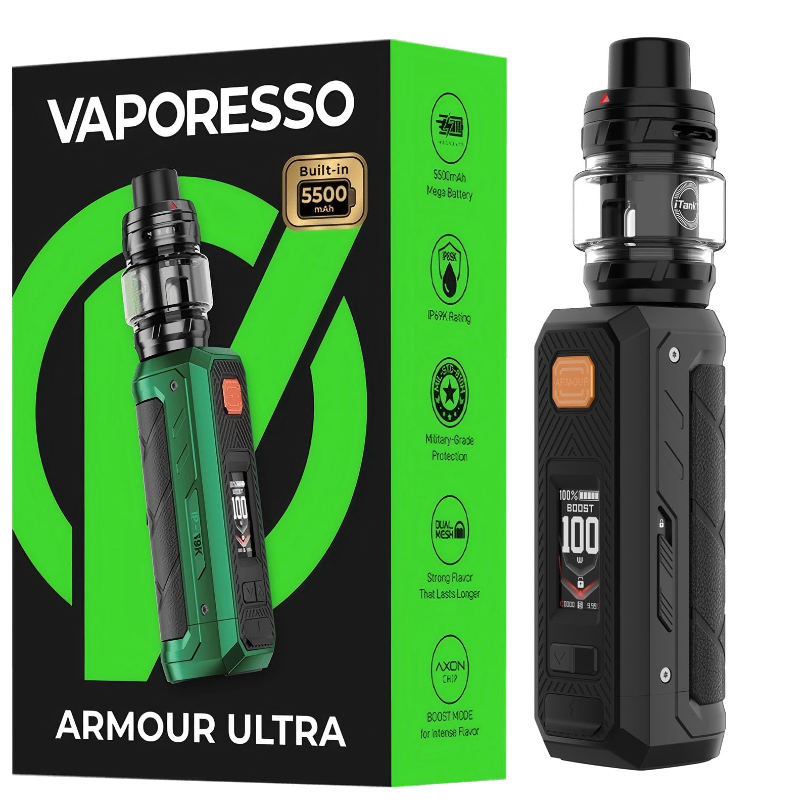Vaporesso Armour Ultra Kit Built in 5500mAh Battery | 100W Tri-Proof Box MOD 510 thread | 6ml Slide-open Itank T (dual mesh coil) DTL Vaping (Obsidian Schwarz)