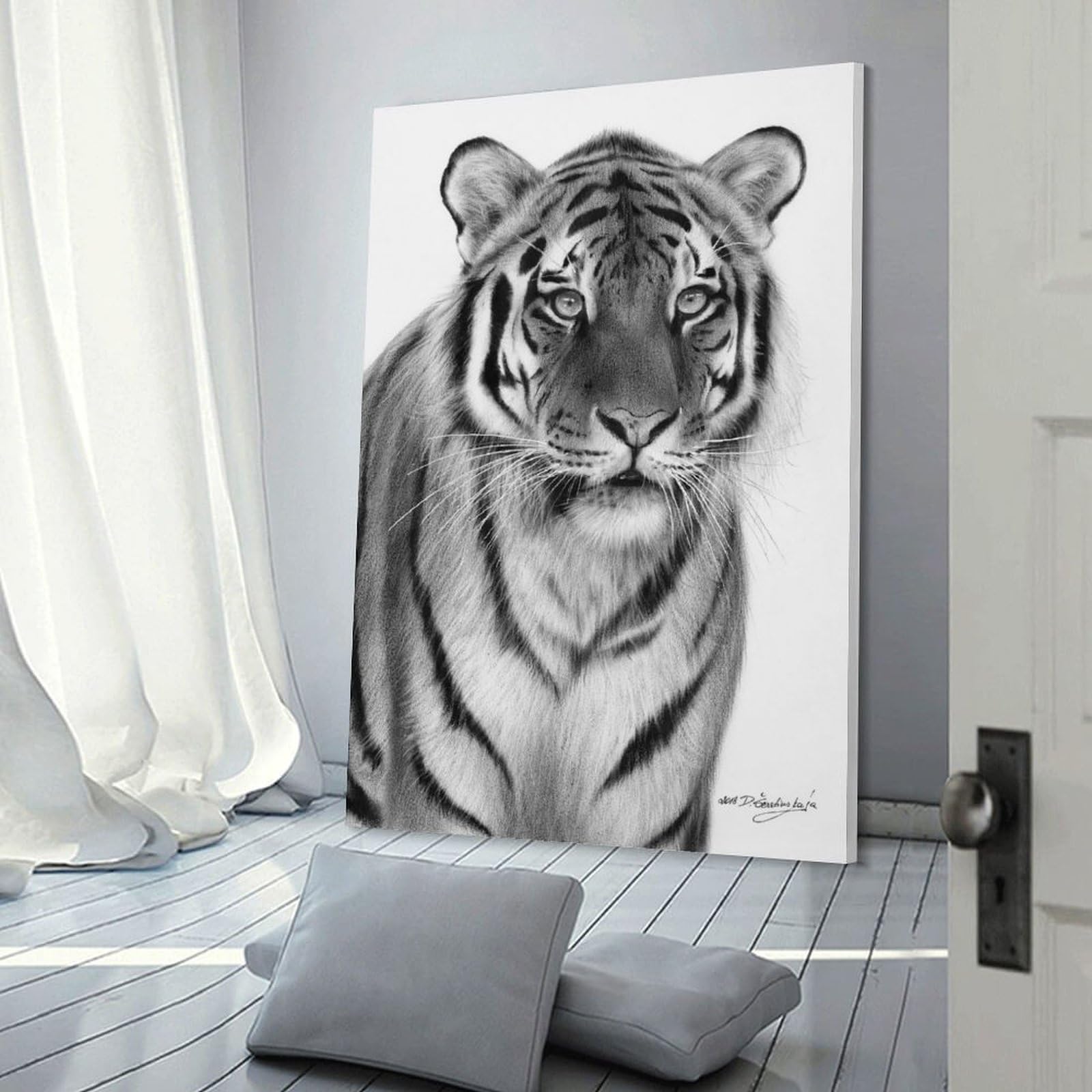 Junmoney Tiger BW18 Canvas Wall Picture 24x36inch(60x90cm), for Study, Office Or Focused Interiors, Home Office Artwork with Decorative Appeal