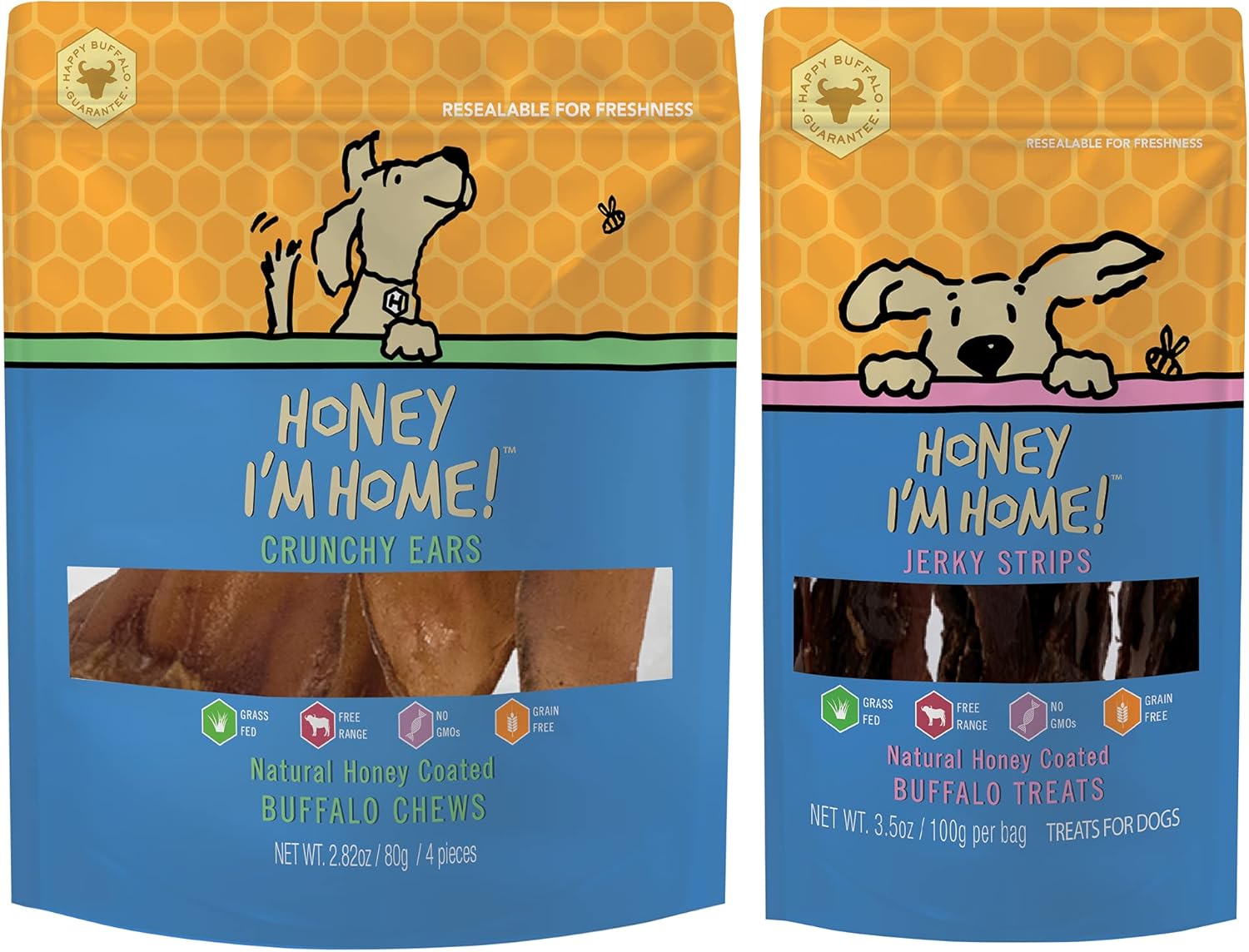 Honey I'm Home Crunchy Ears and Jerky Strips Buffalo Dog Chews and Treats Variety Pack of 2