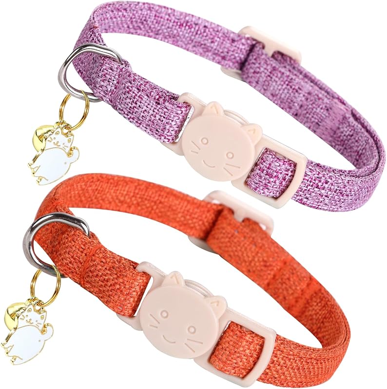 Coleira para Gatos com Fecho de Segurança, Guizo e Pingente Lionheart glory Linnet Roxo e Laranja, Pacote com 2