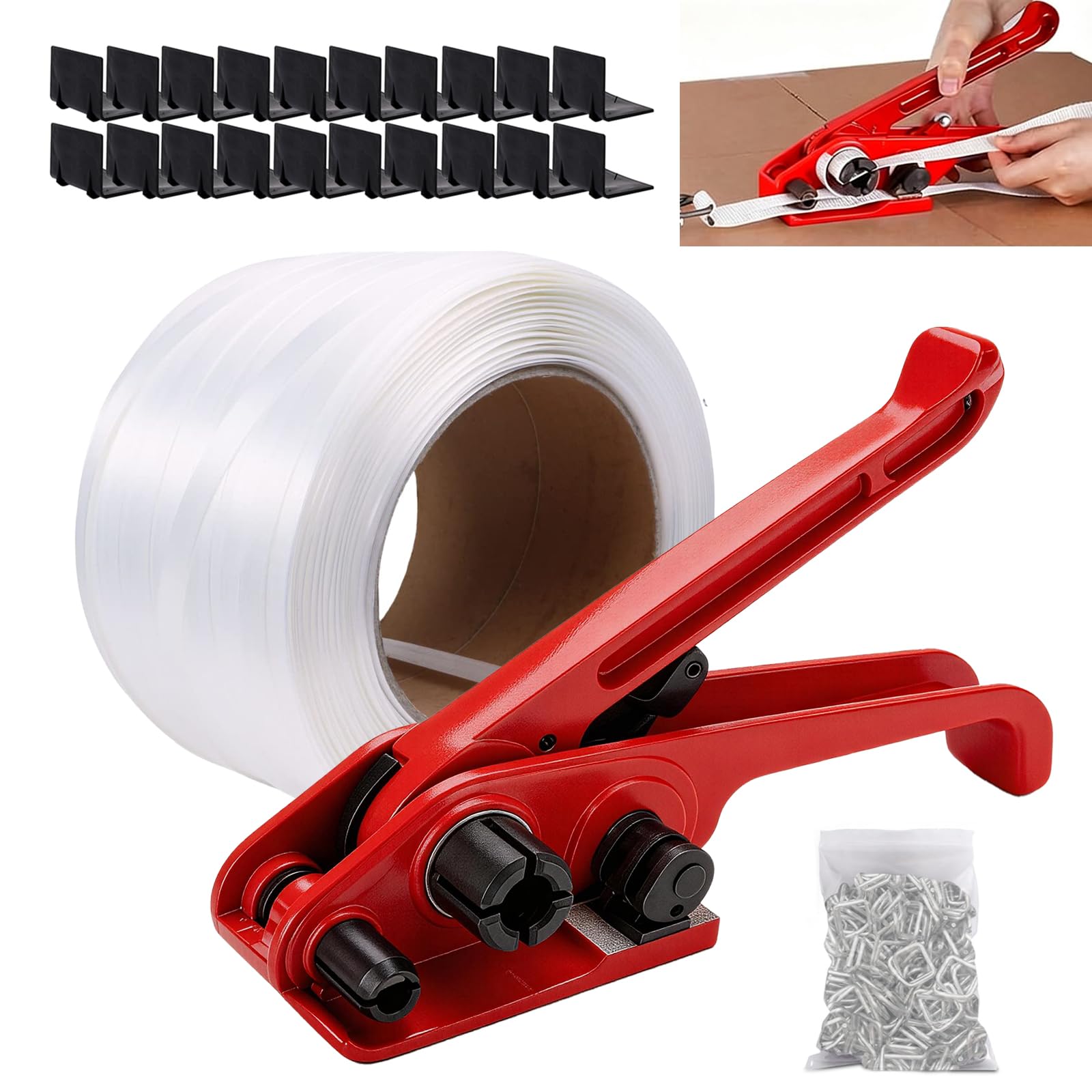 Herramienta De Flejadora Manual, Dispensador De Cinta Adhesiva, Cinta De Flejado Para Embalaje (100 M De Cinta Flejado De 19Mm 100 Botones Fosfatados 19 Mm 20 Esquineros Embalaje De 32 Mm 1 Tensor)