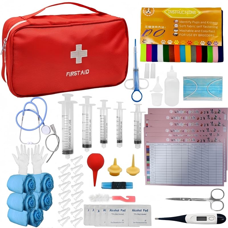 Kit de Parto para Cães e Gatos Ywingda com Mamadeiras, Seringa e Acessórios Vermelho, 70 peças
