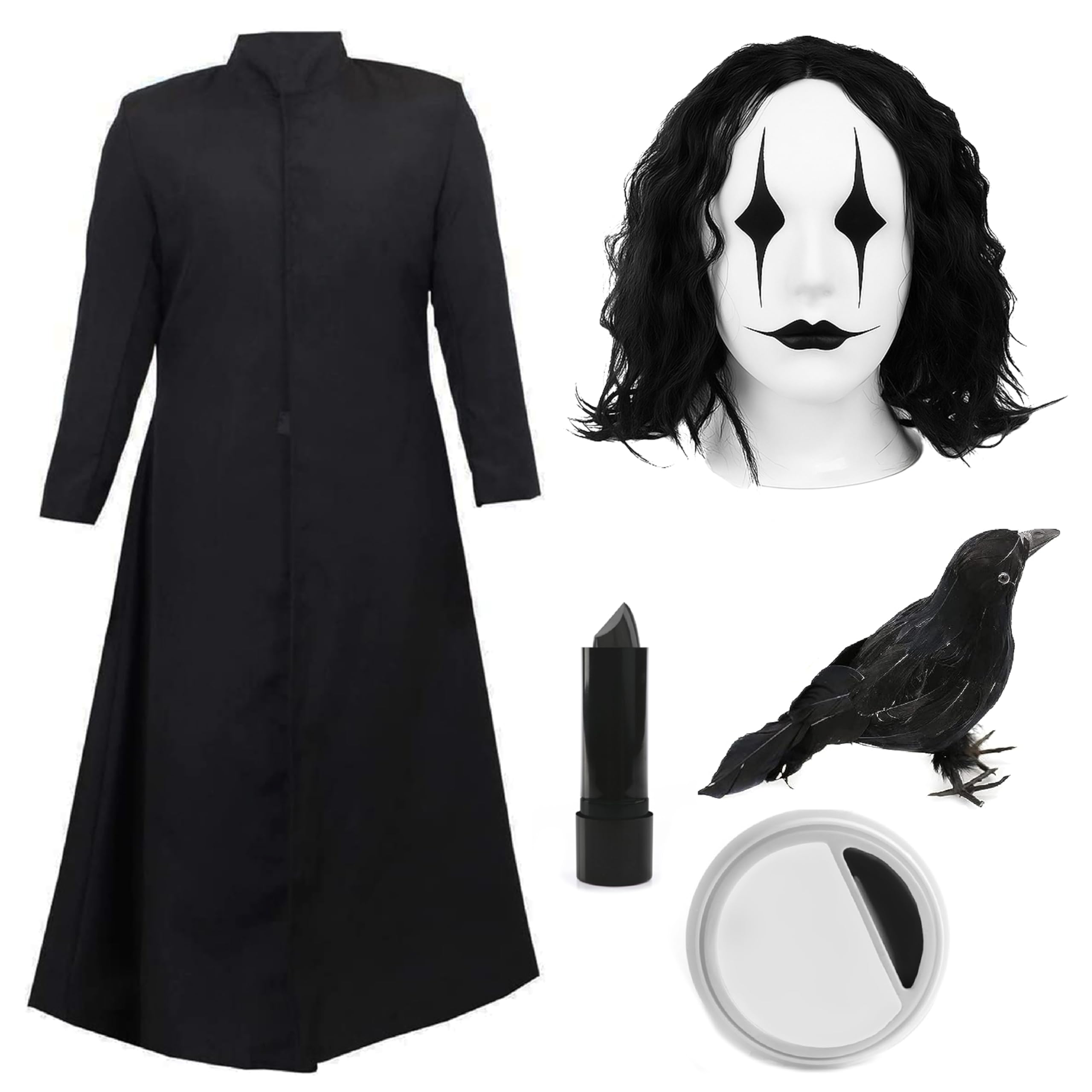 Conjunto de disfraz de cuervo para adultos, abrigo largo negro, peluca ondulada negra, accesorio de cuervo negro, lápiz labial negro y pintura facial en blanco y negro, perfecto para disfraces de