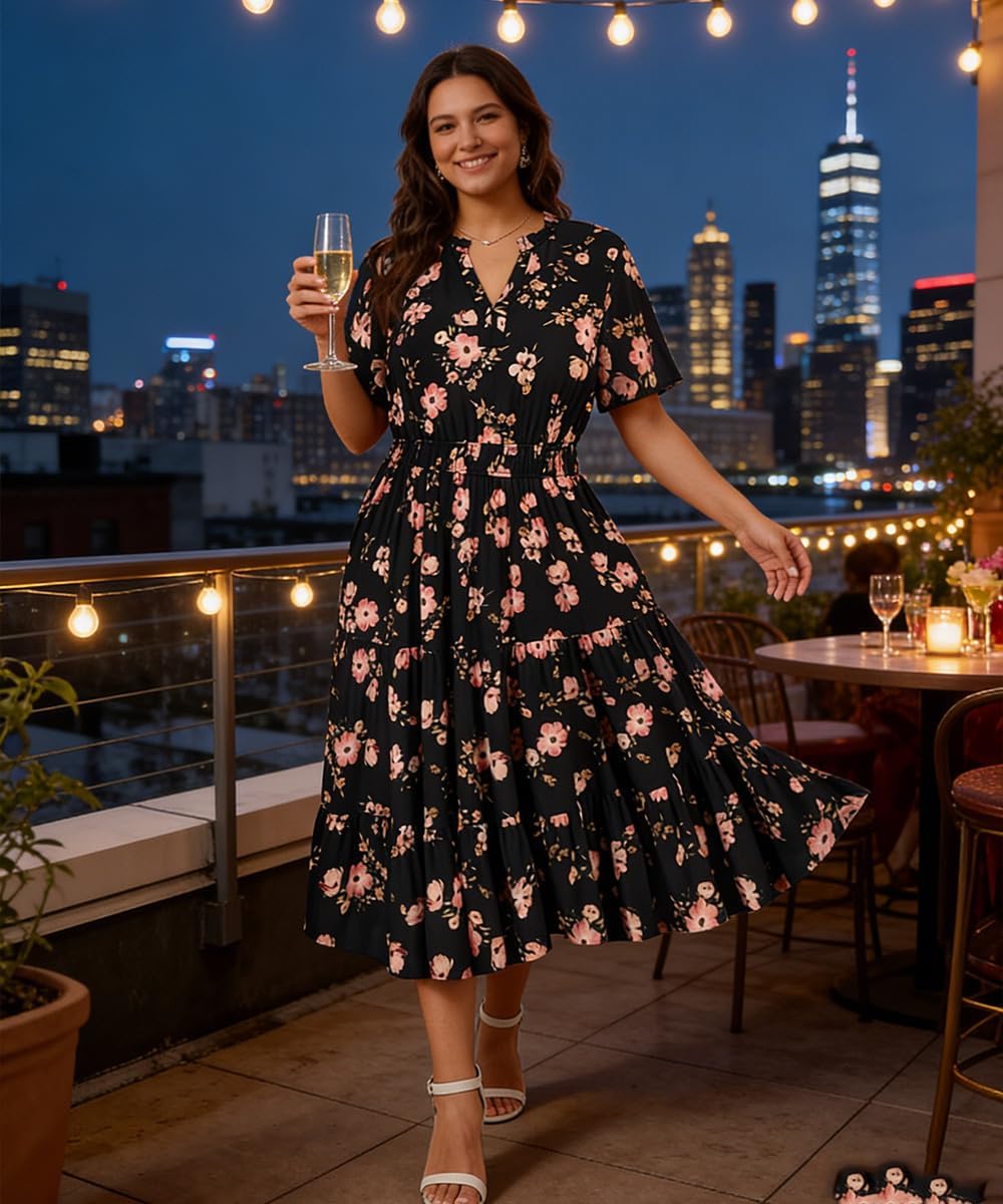 RITERA Plus Size Dresses for Women Smocked Ruffle V Neck Short Sleeve Summer Flowy Boho Wedding Dresses Pocket XL-5XL - Image 3