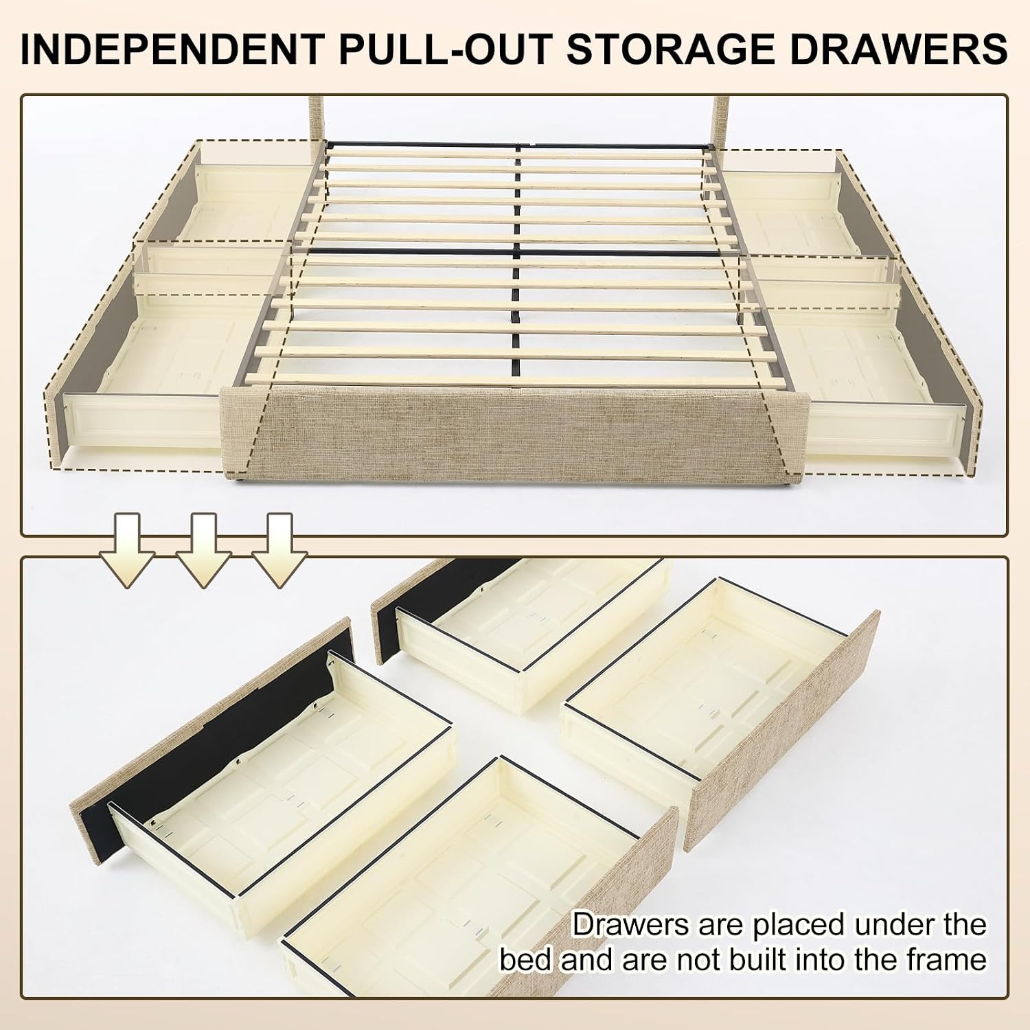 VELOCAVA Queen Upholstered Storage Bed Frame with Drawers, Linen-Look Platform Bed Frame with 4 Under Bed Storage Drawers, Soft Curved Wingback Headboard, No Box Spring Needed, Linen Beige