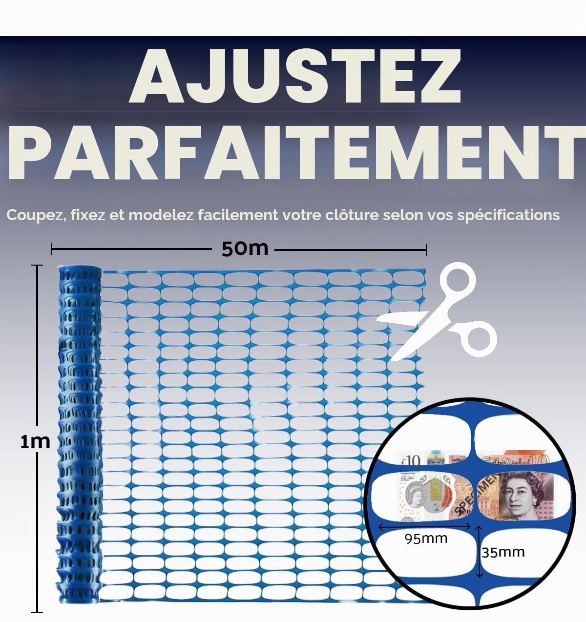 Clôture de sécurité temporaire en plastique robuste pour la construction, les chantiers, le jardin, les animaux domestiques et les événements en orange, vert, bleu (bleu)