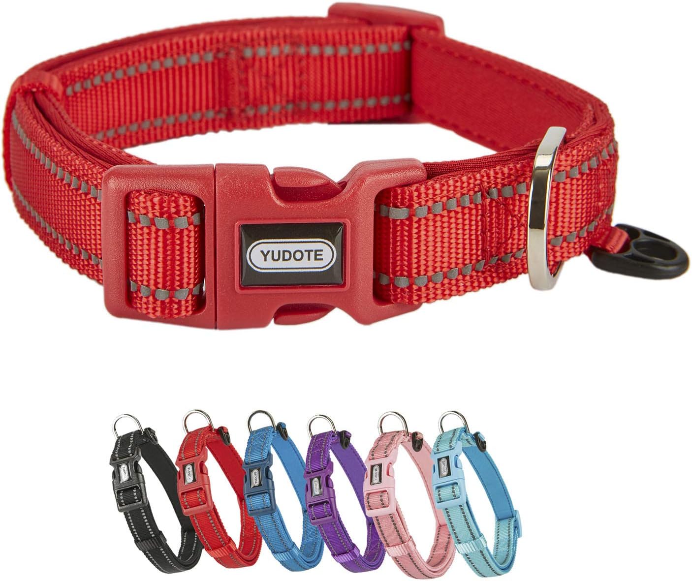 YUDOTE Dog Collar Large Strong Reflective Nylon Webbing with Soft Comfy Neoprene Padded Linning for Large Dogs Daily Use,Red