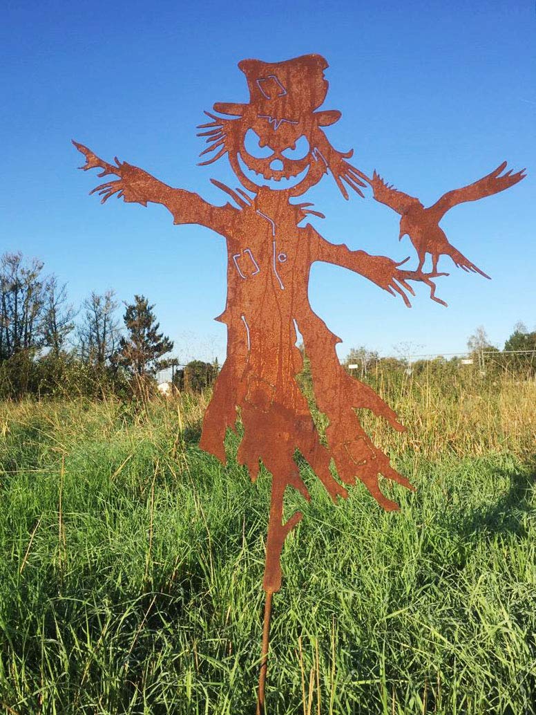 Edelrost Große Vogelscheuche 80x67cm + Erdspieß Gartenstecker Rostfigur