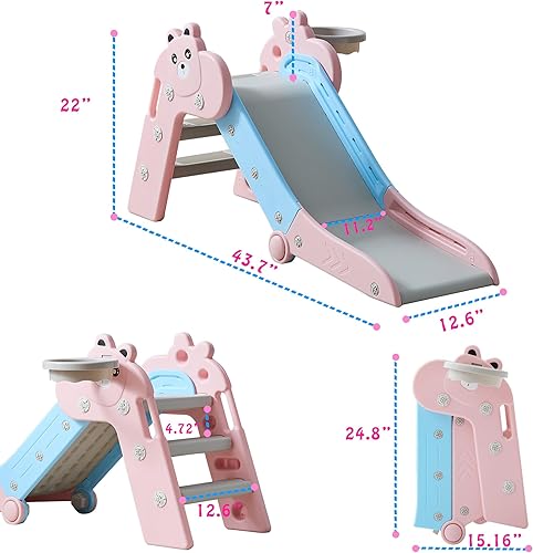 Vista 6 de Tobogán plegable para niños pequeños, juego de toboganes de plástico para interiores con aro de baloncesto y pelota Rosa Azul