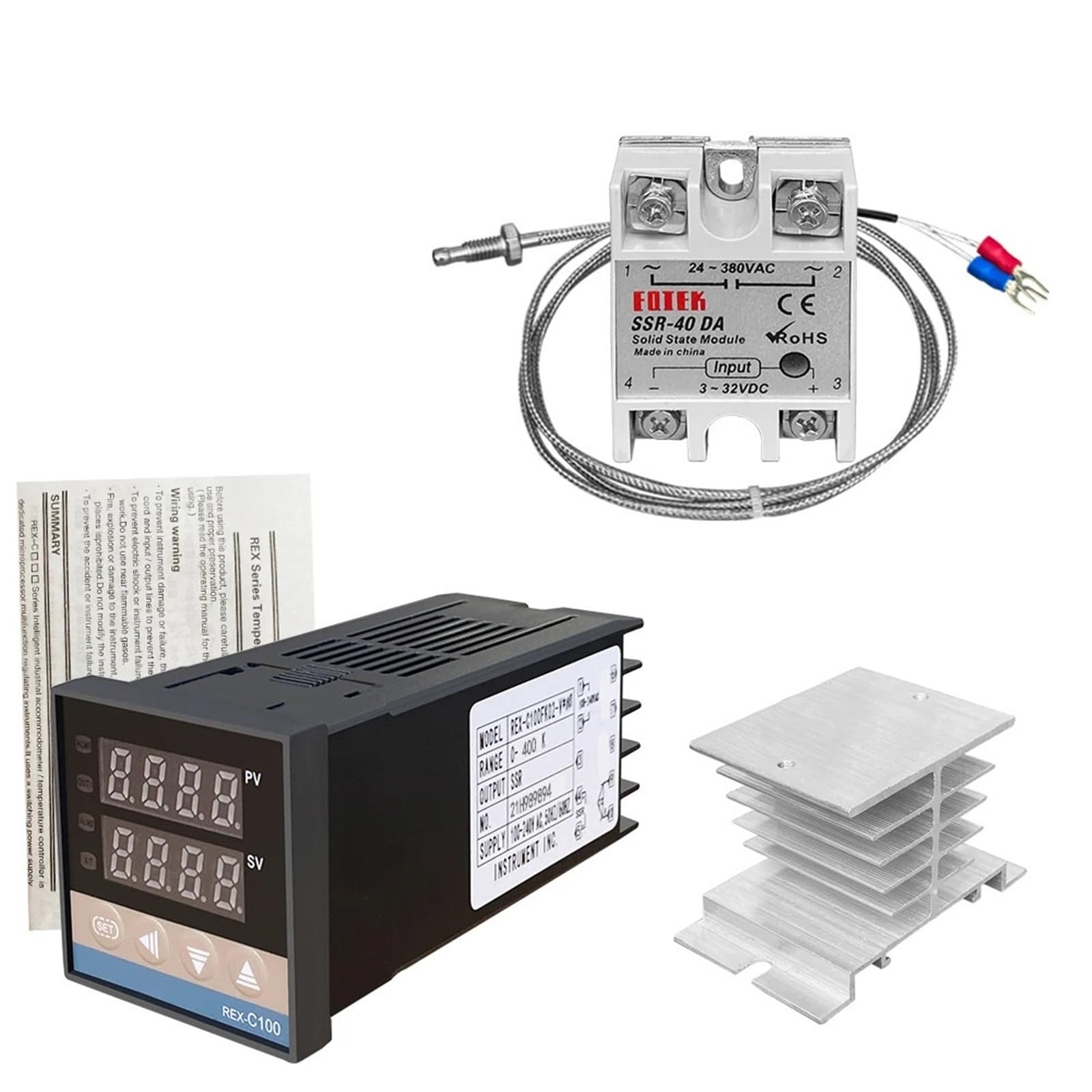 Digital thermostat temperature controller SSR output K type thermocouple sensor SSR 40DA solid relay sensor REX-C100(Set3)