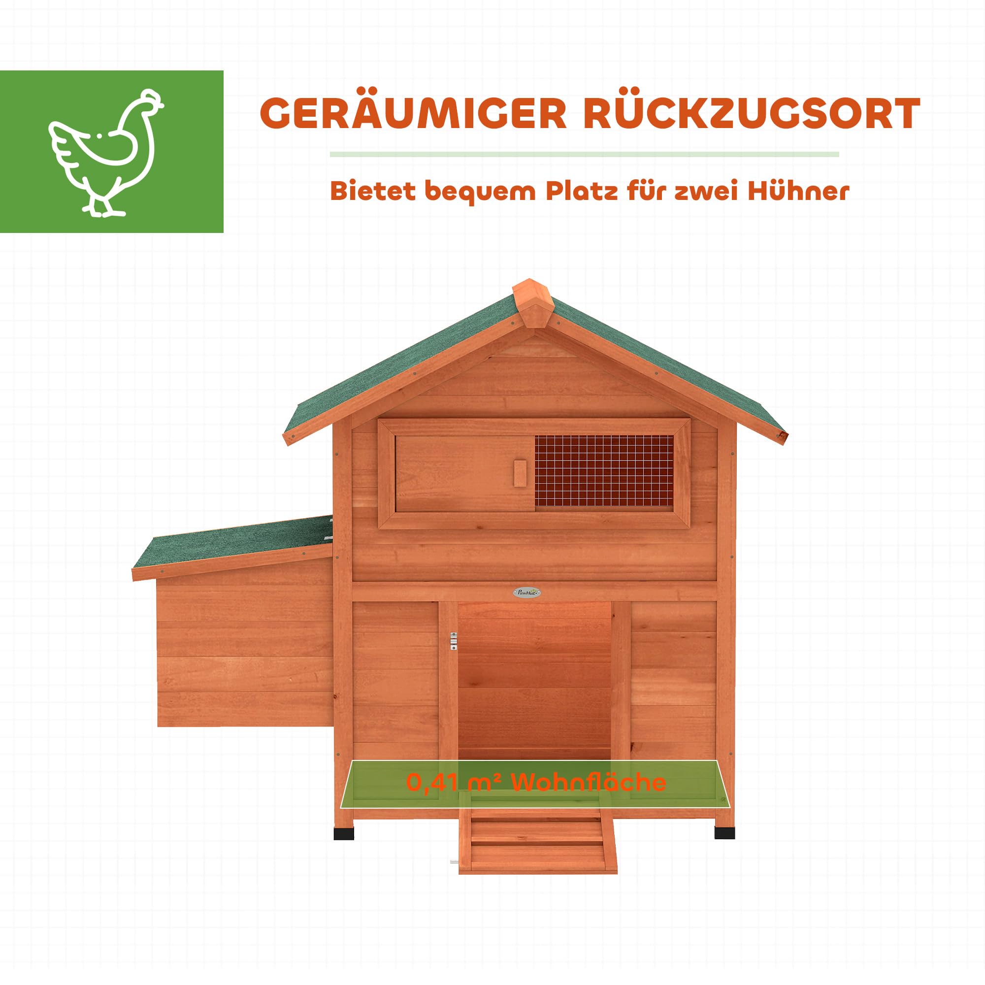 PawHut Hühnerstall Winterfest Nistkasten für 2 Hühner 113,5x67,5x95,5cm | Hühnerhaus Holz, 2 Sitzstangen, Rampe, Schiebefenster, Wasserdichtes Dach, Herausziehbares Tablett, für Enten Kaninchen