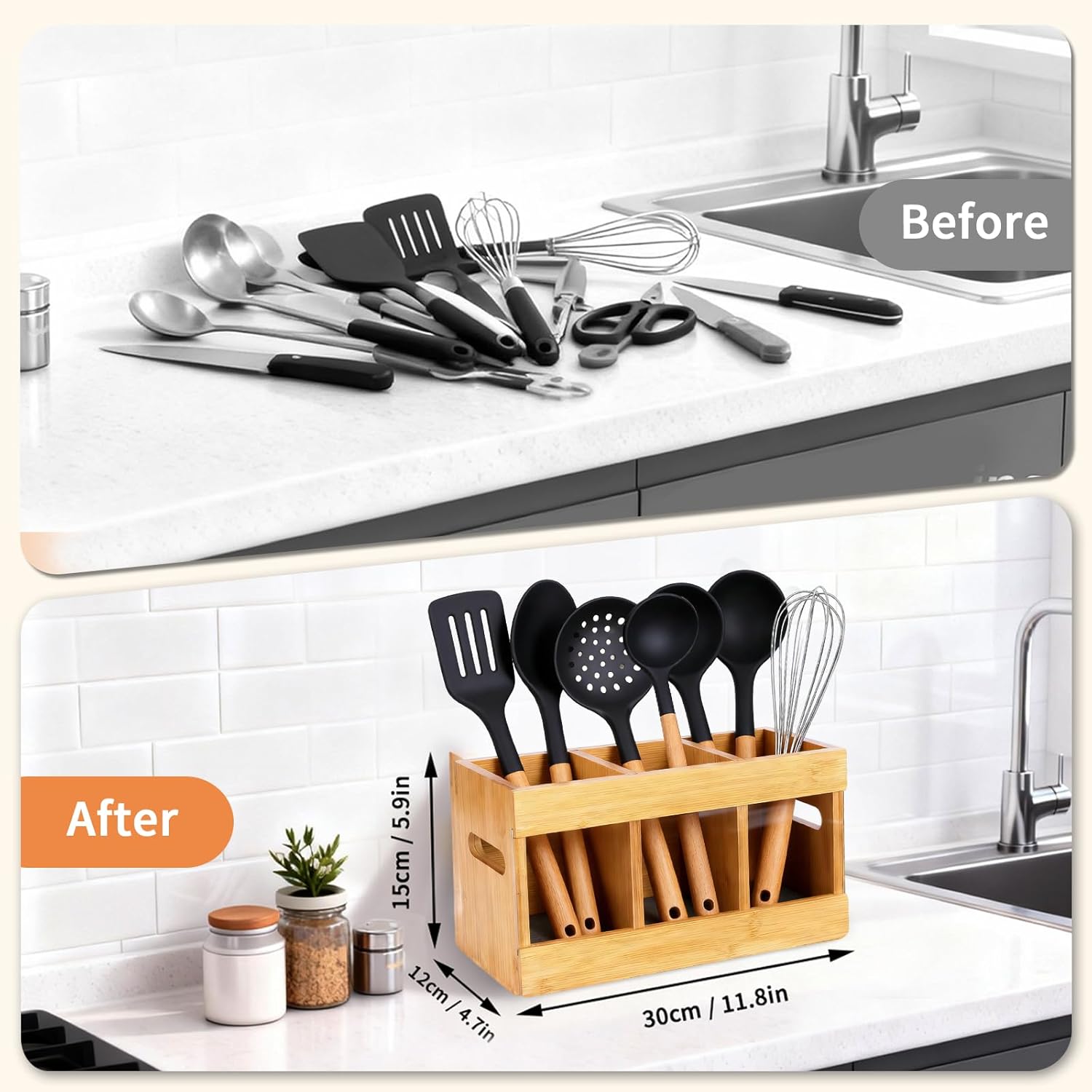 Kitchen Utensil Holder for Countertop Bamboo Large Cooking Utensil Holder Silverware Caddy Organizer with 6 Removeable Compartments for Party Home Farmhouse