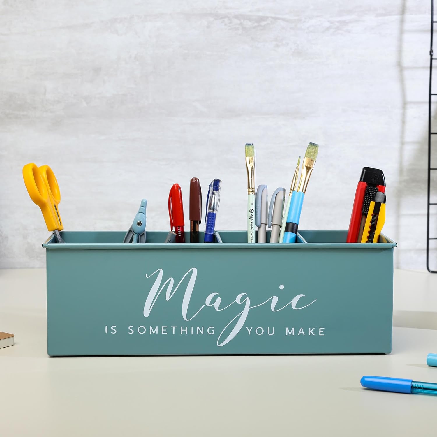 Desk organizer with 4 compartments for office table | stylish Metal Desk Organizer | Stationary Storage | Pencil Holder for Office, Home, and Study Table (Magic) Moss-Green