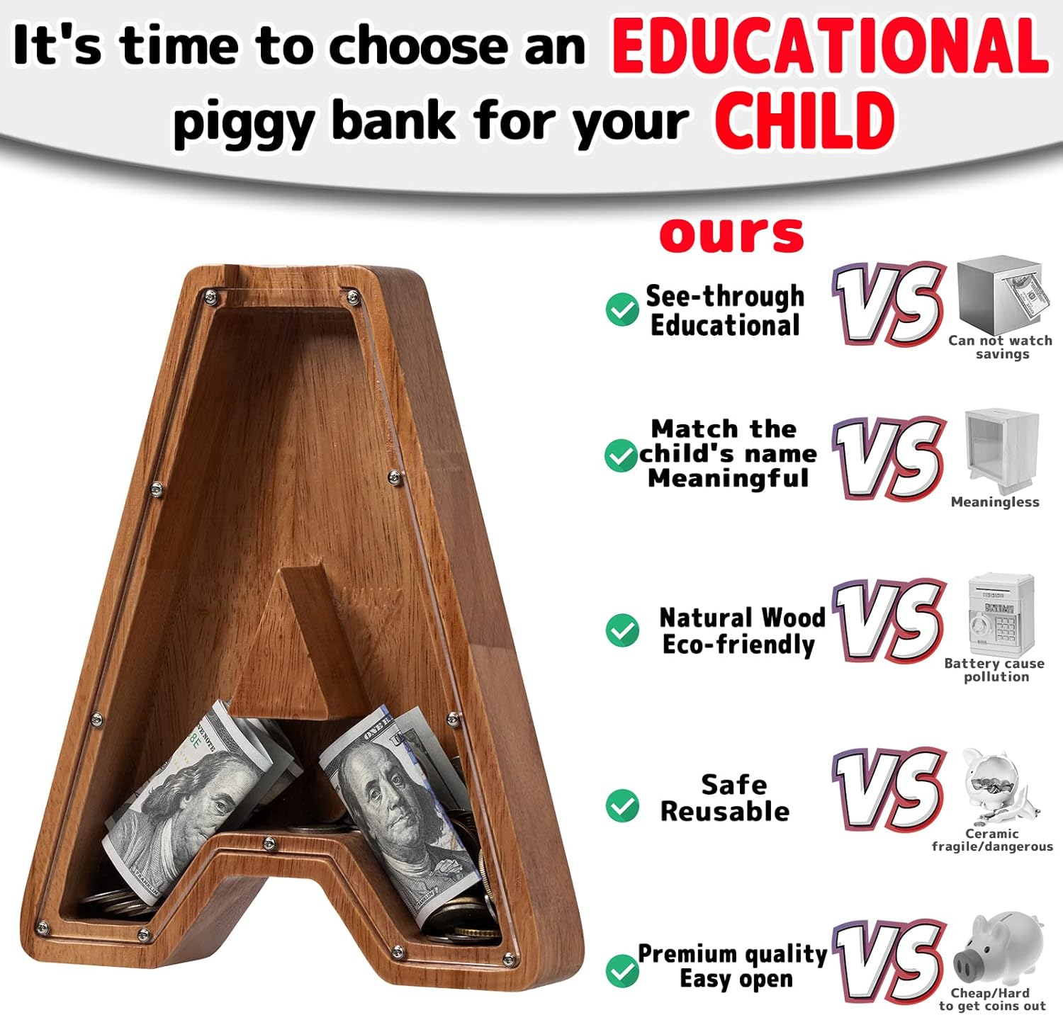 Piggy Bank for Kids Boys Girls, Wooden Large Letter Piggy Bank Alphabet Money Bank with Initial A, Coin Bank Fun Gifts for Birthday, Christmas, Festival, Baby Shower
