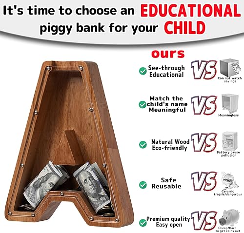 Vista 44 de Alcancía para niños y niñas, alcancía de madera con letra grande del alfabeto con inicial C, banco de monedas, regalos divertidos para cumpleaños