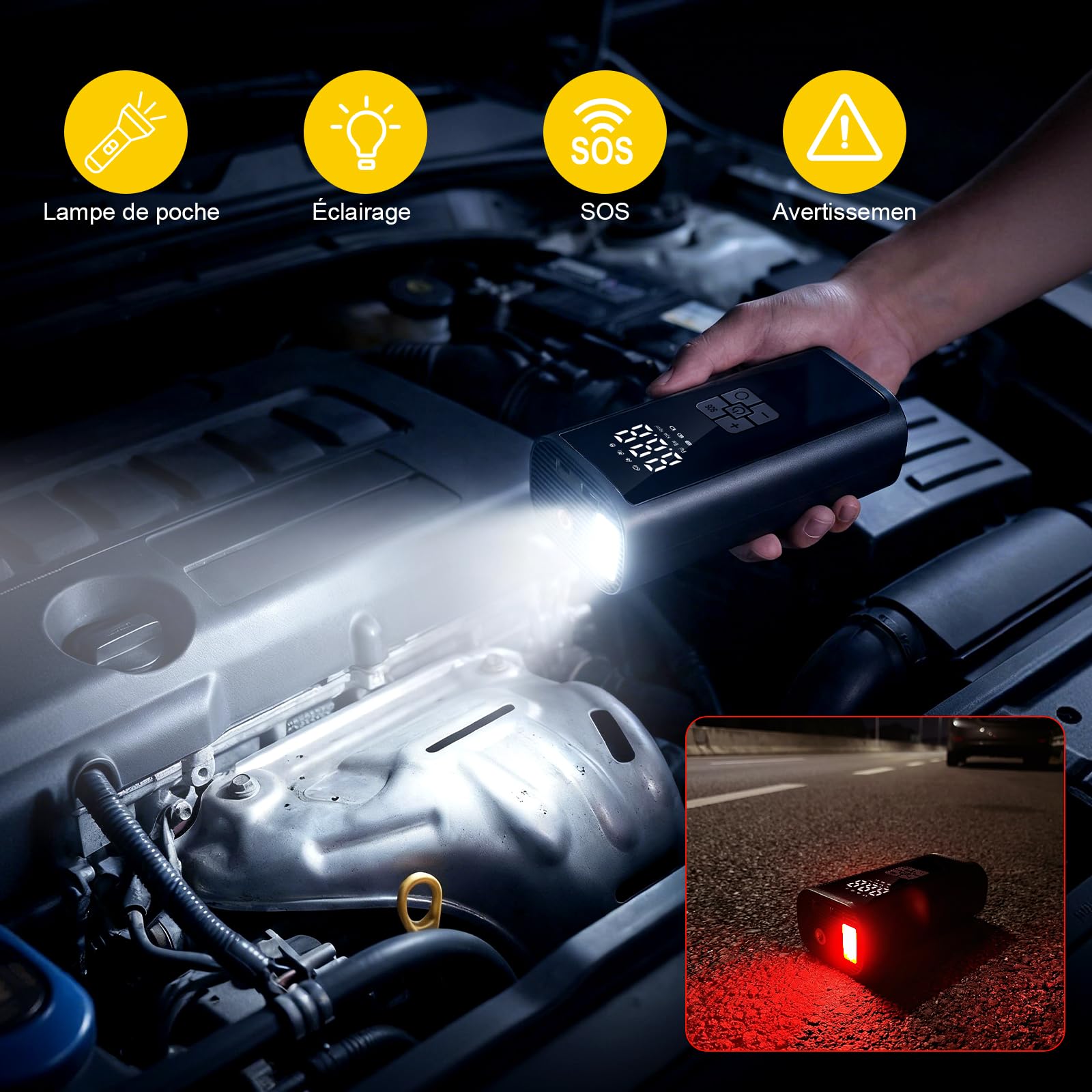 Gonfleur Pneus Voiture Sans Fil, Compresseur à Air Portatif, 150PSI (10,3 Bar) 6000mAh Mini Compresseur Portable avec Lumière LED, Voiture Pour Vélo, Moto, Vcooter, Balles